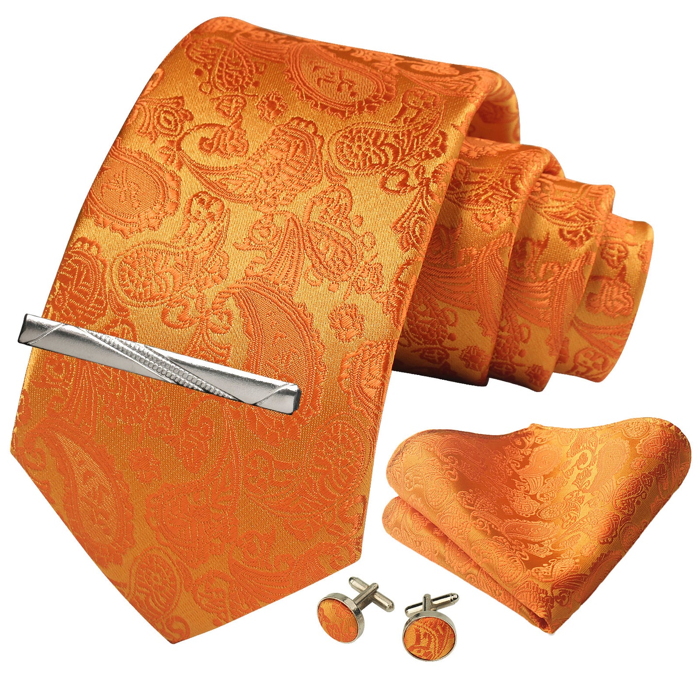 CWKOON Paisley Orange Mens Tie Formal Necktie Pocket Squares Ties Clips Cufflinks Classic for Men Gift Box Set