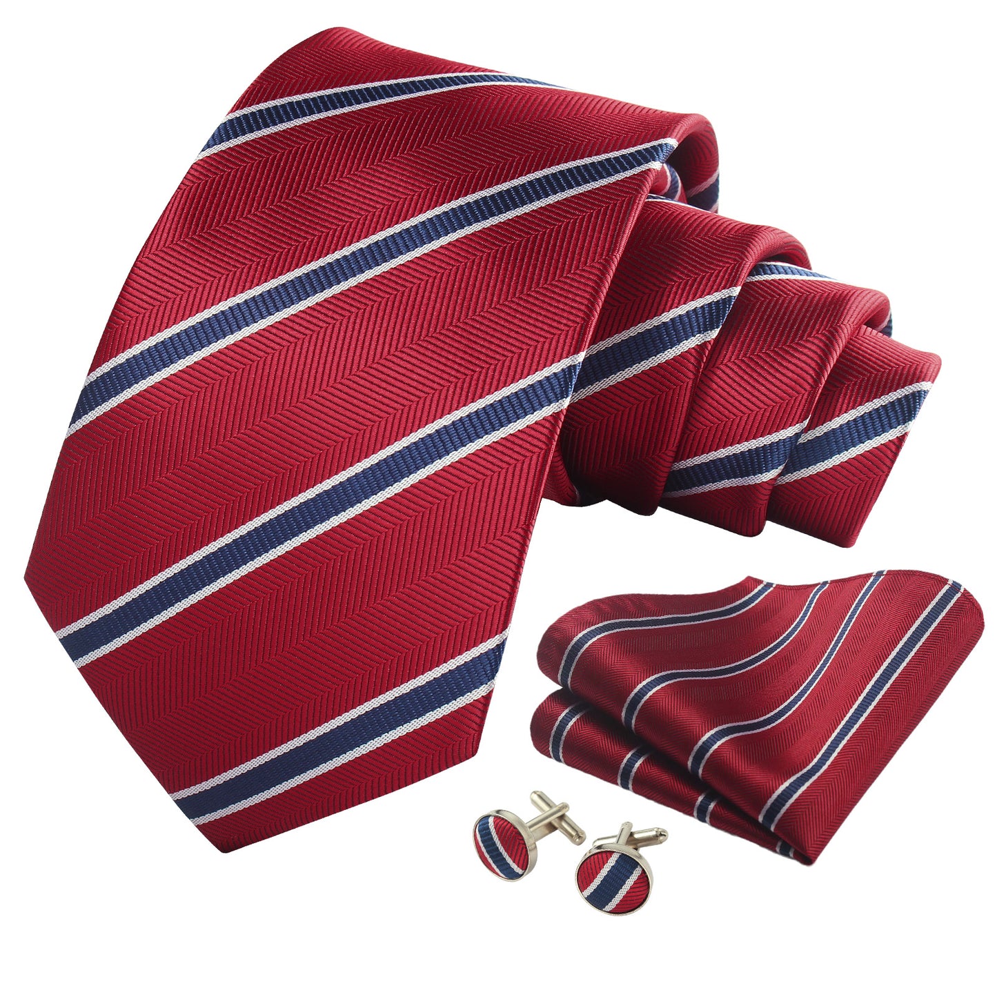 CWKOON Striped Red Mens Tie Formal Necktie Pocket Squares Ties Clips Cufflinks Classic for Men Gift Box Set