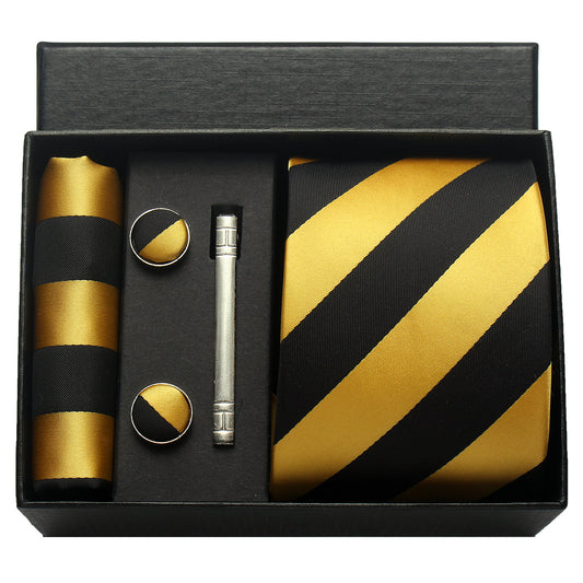 CWKOON Striped Black Yellow Mens Tie Formal Necktie Pocket Squares Ties Clips Cufflinks Classic for Men Gift Box Set