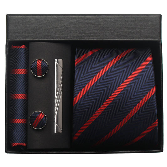 CWKOON Striped Navy Blue Red Mens Tie Formal Necktie Pocket Squares Ties Clips Cufflinks Classic for Men Gift Box Set