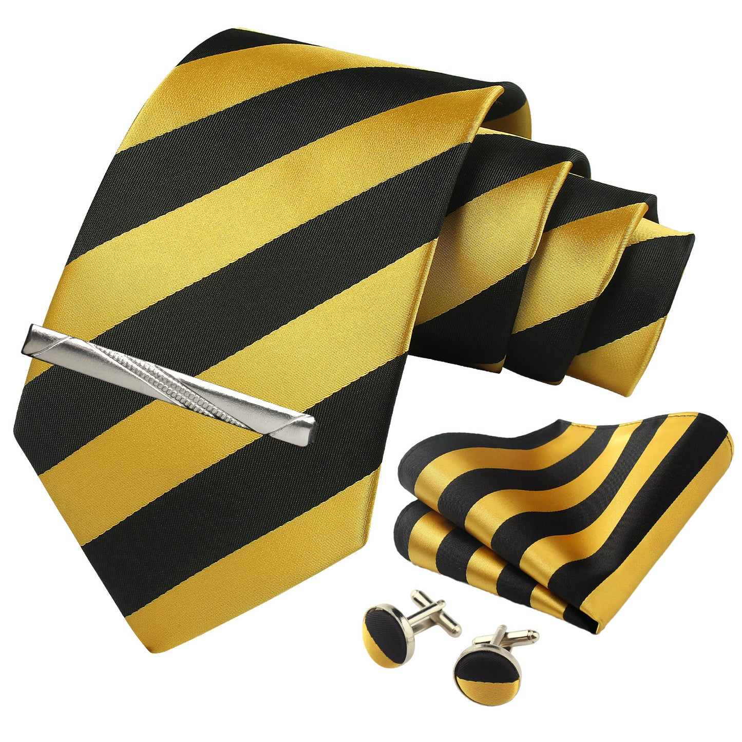 CWKOON Striped Black Yellow Mens Tie Formal Necktie Pocket Squares Ties Clips Cufflinks Classic for Men Gift Box Set