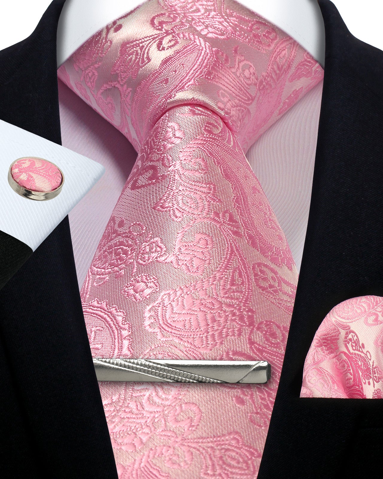 CWKOON Paisley Pink Mens Tie Formal Necktie Pocket Squares Ties Clips Cufflinks Classic for Men Gift Box Set