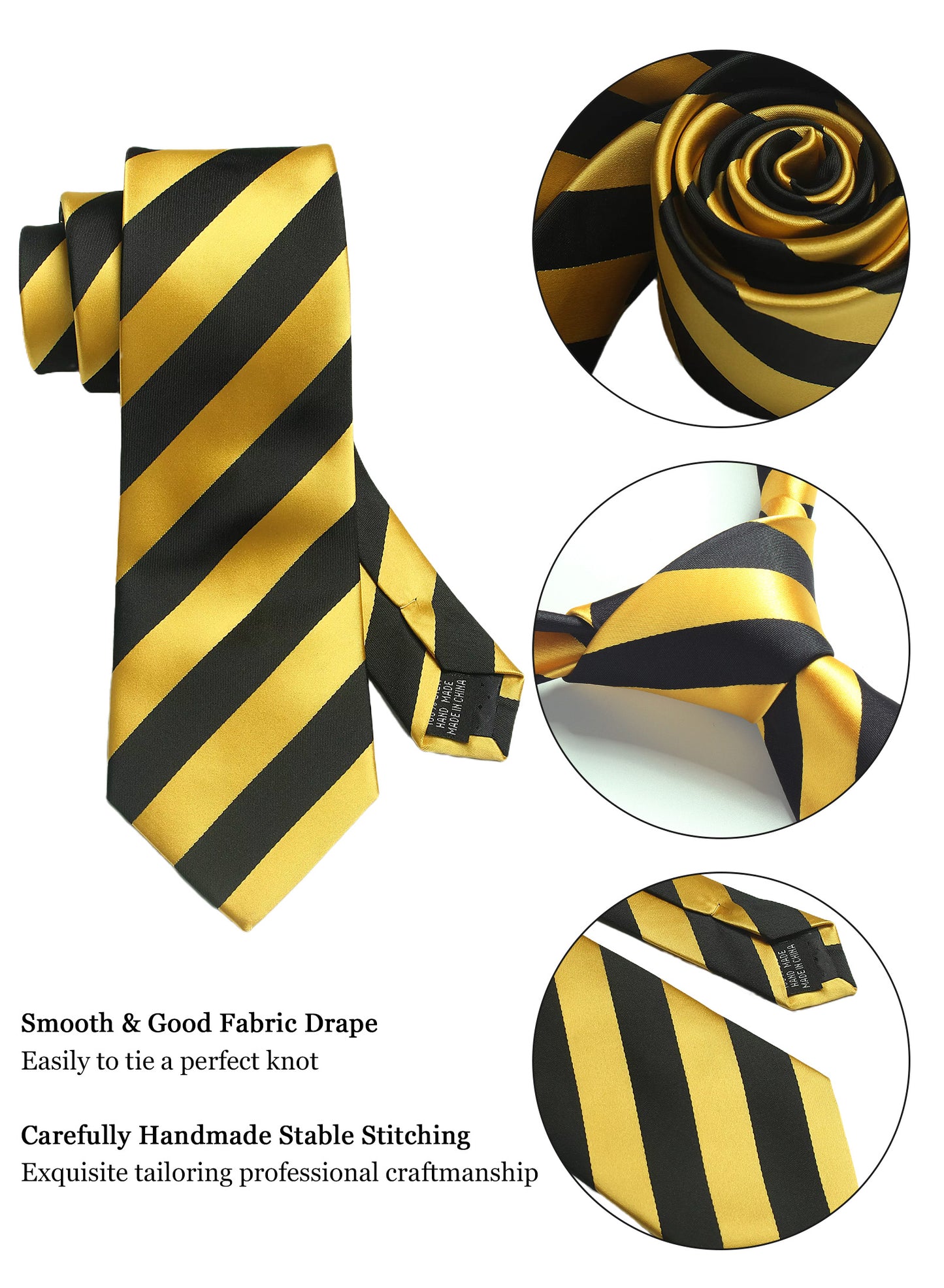 CWKOON Striped Black Yellow Mens Tie Formal Necktie Pocket Squares Ties Clips Cufflinks Classic for Men Gift Box Set