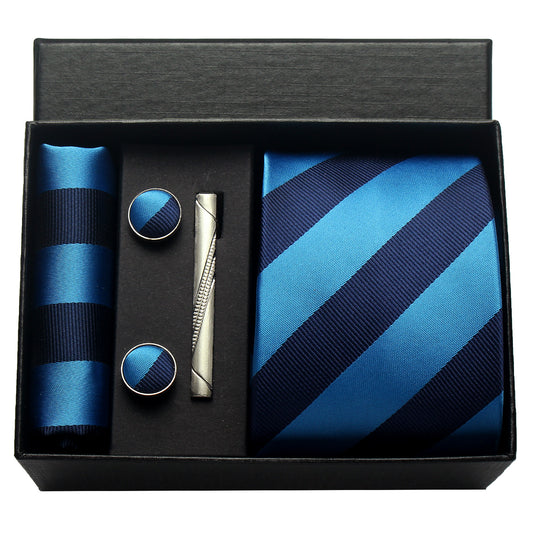 CWKOON Striped Blue Navy Blue Mens Tie Formal Necktie Pocket Squares Ties Clips Cufflinks Classic for Men Gift Box Set