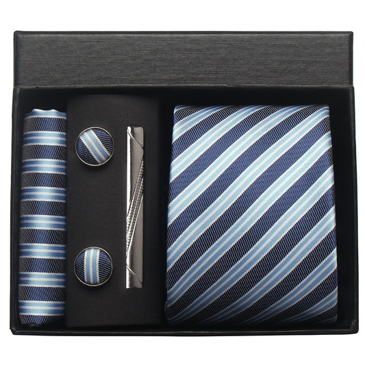 CWKOON Striped Blue Mens Tie Formal Necktie Pocket Squares Ties Clips Cufflinks Classic for Men Gift Box Set