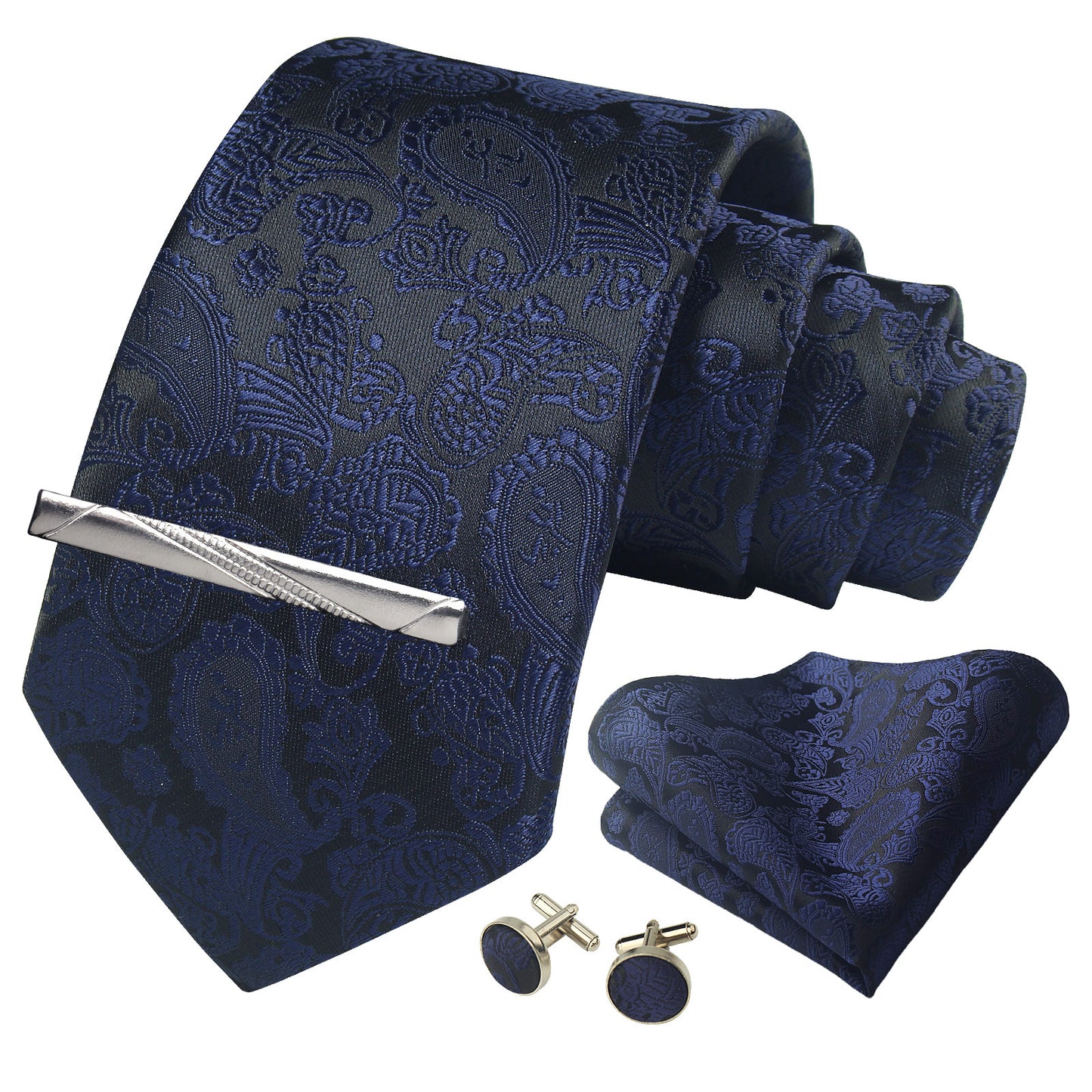 CWKOON Paisley Navy Blue Mens Tie Formal Necktie Pocket Squares Ties Clips Cufflinks Classic for Men Gift Box Set