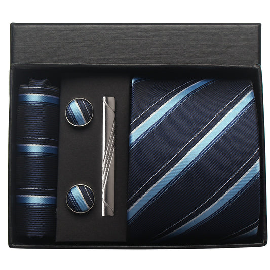 CWKOON Striped Blue Navy Mens Tie Formal Necktie Pocket Squares Ties Clips Cufflinks Classic for Men Gift Box Set