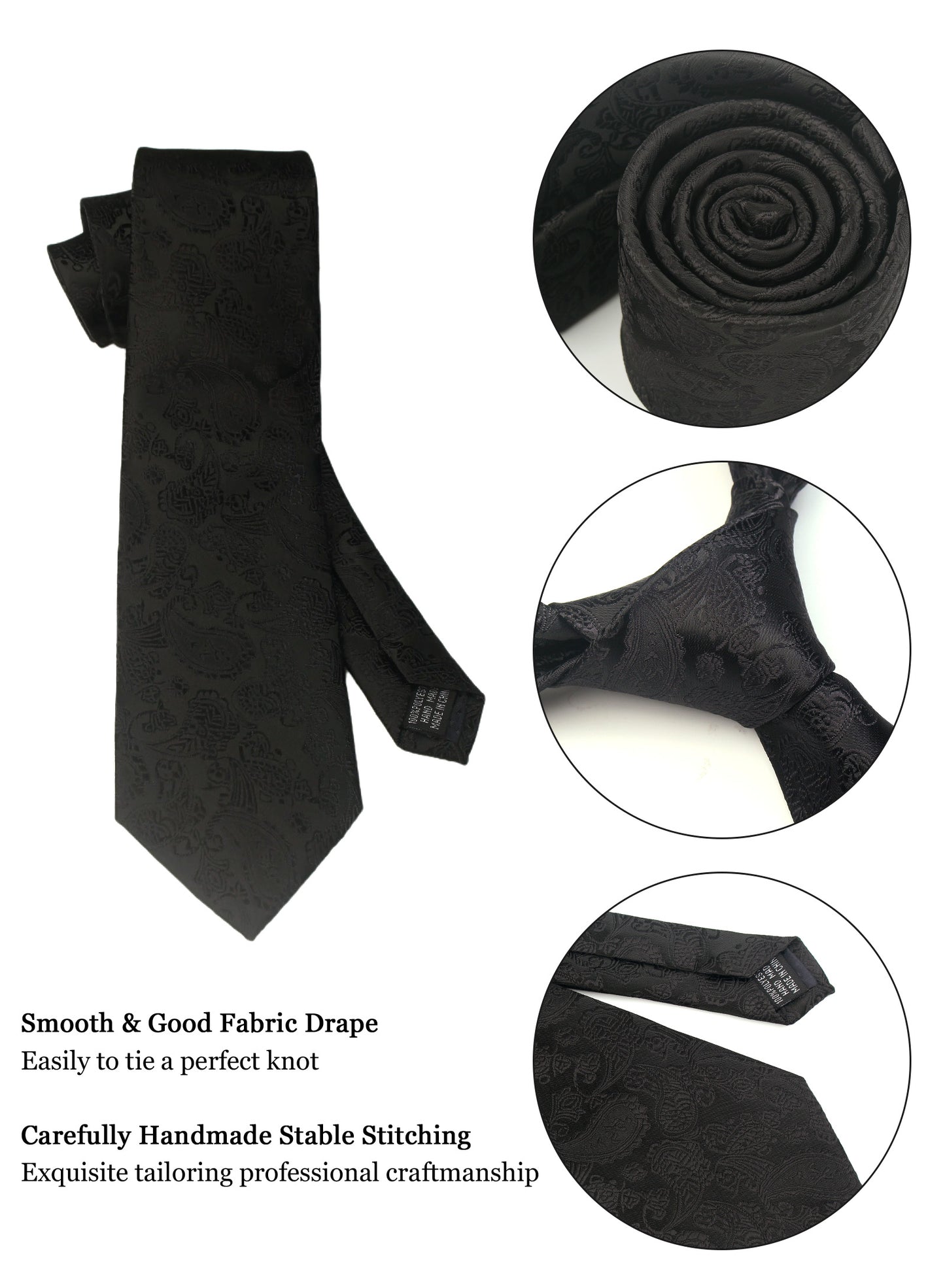 CWKOON Paisley Black Mens Tie Formal Necktie Pocket Squares Ties Clips Cufflinks Classic for Men Gift Box Set