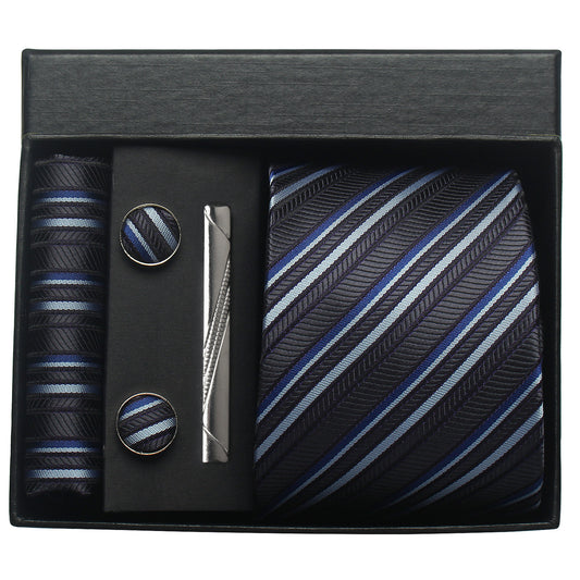 CWKOON Striped Grey Blue Mens Tie Formal Necktie Pocket Squares Ties Clips Cufflinks Classic for Men Gift Box Set