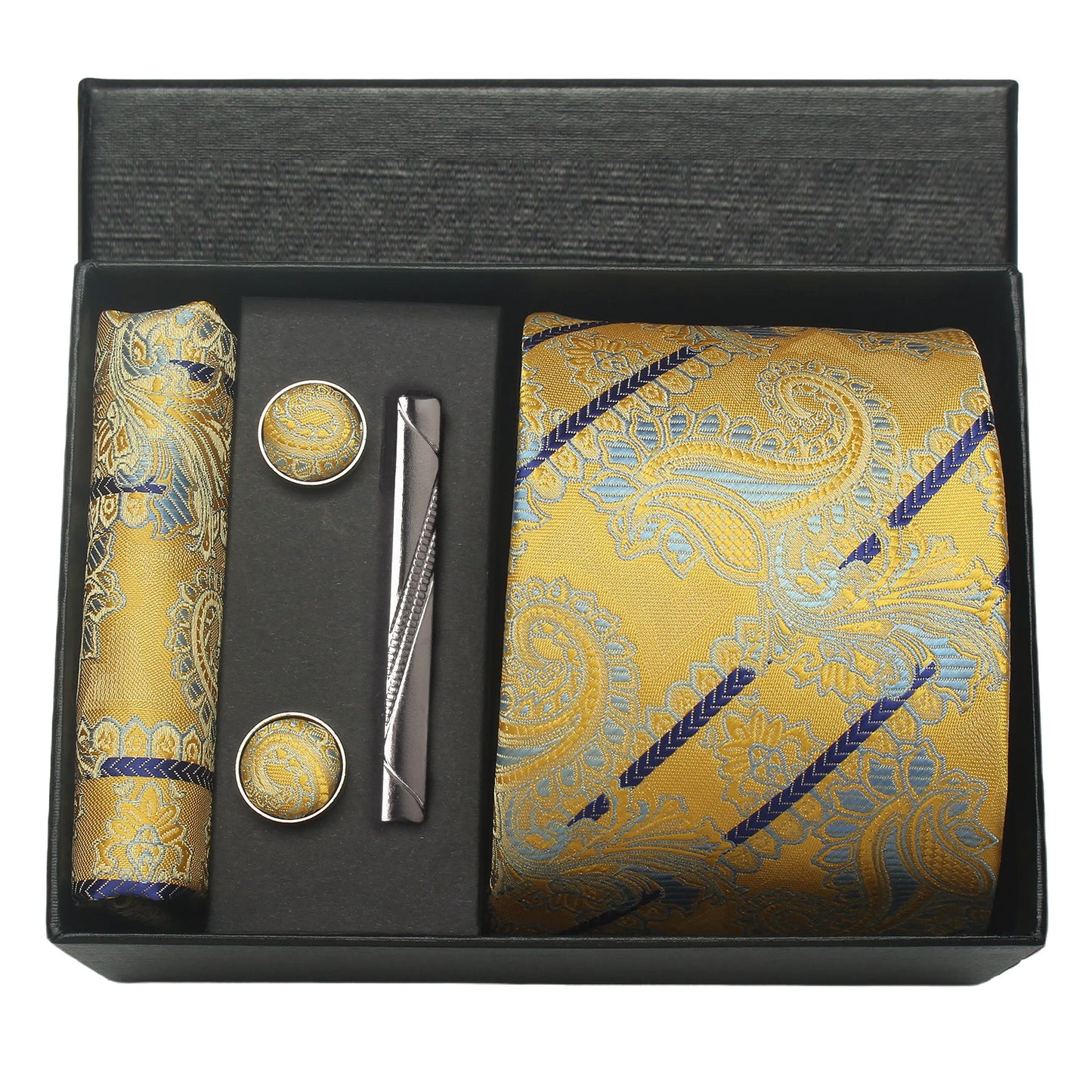 CWKOON Paisley Yellow Beige Mens Tie Formal Necktie Pocket Squares Ties Clips Cufflinks Classic for Men Gift Box Set