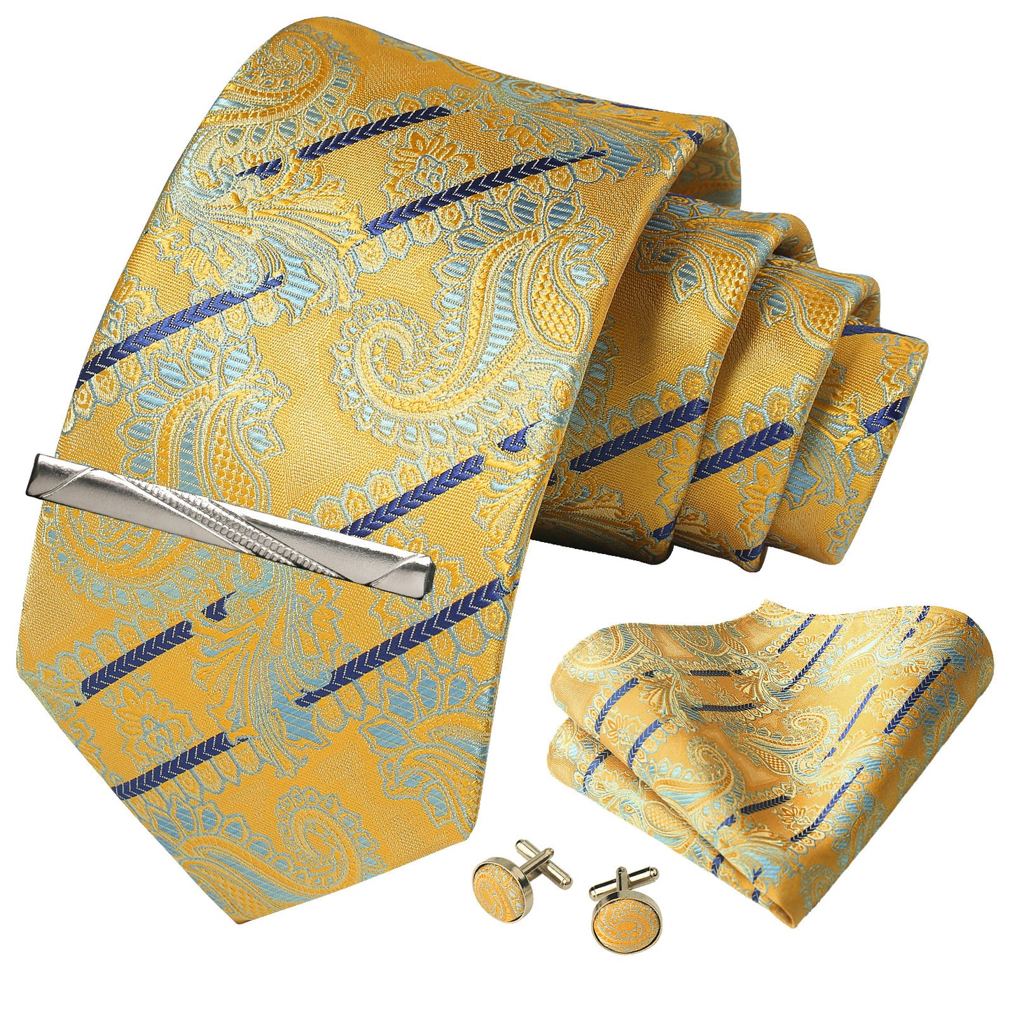 CWKOON Paisley Yellow Beige Mens Tie Formal Necktie Pocket Squares Ties Clips Cufflinks Classic for Men Gift Box Set