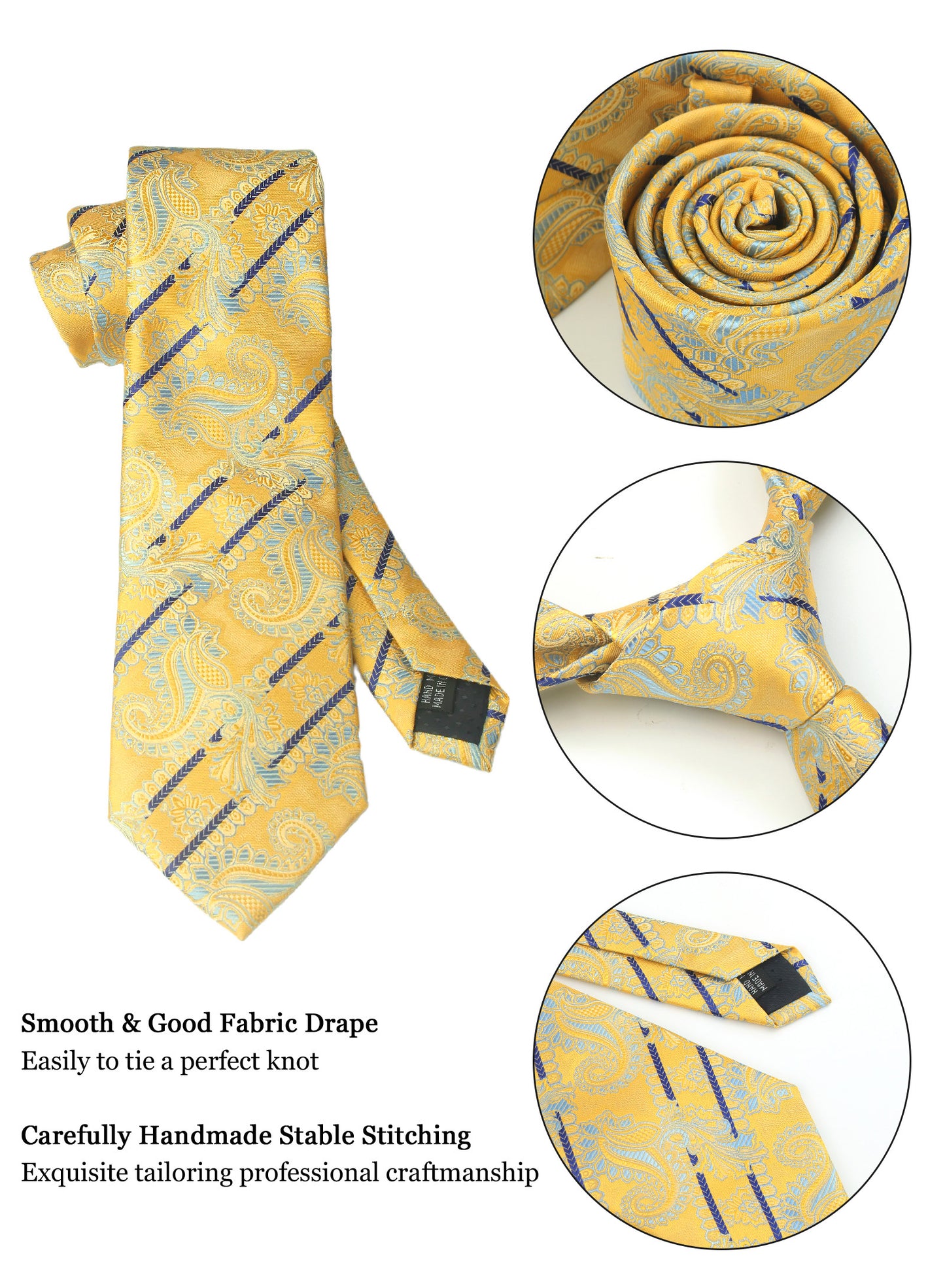 CWKOON Paisley Yellow Beige Mens Tie Formal Necktie Pocket Squares Ties Clips Cufflinks Classic for Men Gift Box Set