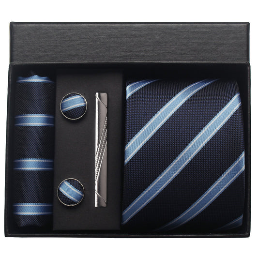 CWKOON Striped Navy Blue Mens Tie Formal Necktie Pocket Squares Ties Clips Cufflinks Classic for Men Gift Box Set