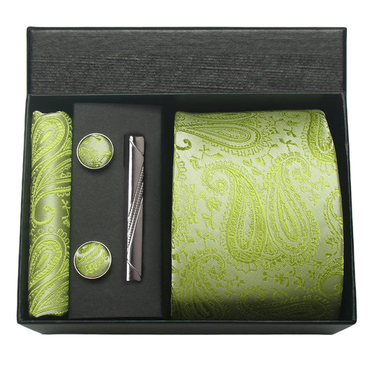 CWKOON Paisley Light Green Mens Tie Formal Necktie Pocket Squares Ties Clips Cufflinks Classic for Men Gift Box Set