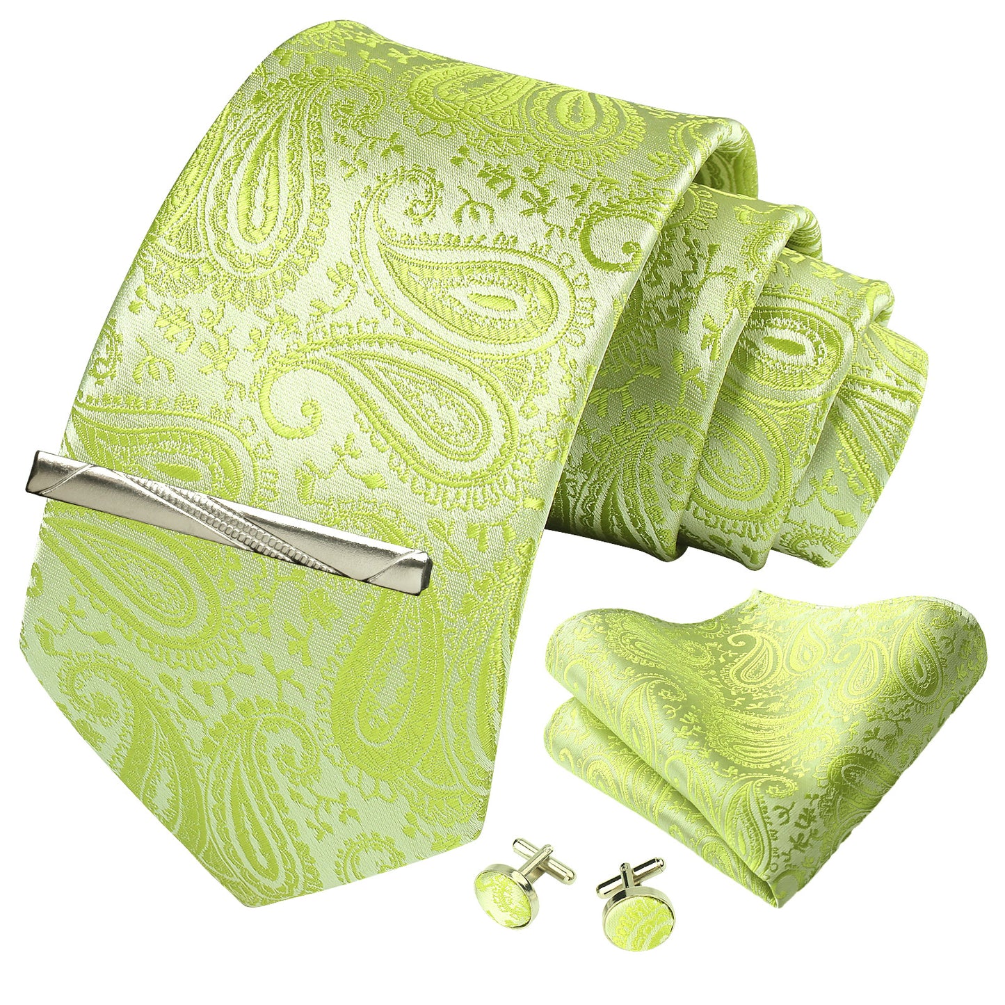 CWKOON Paisley Light Green Mens Tie Formal Necktie Pocket Squares Ties Clips Cufflinks Classic for Men Gift Box Set