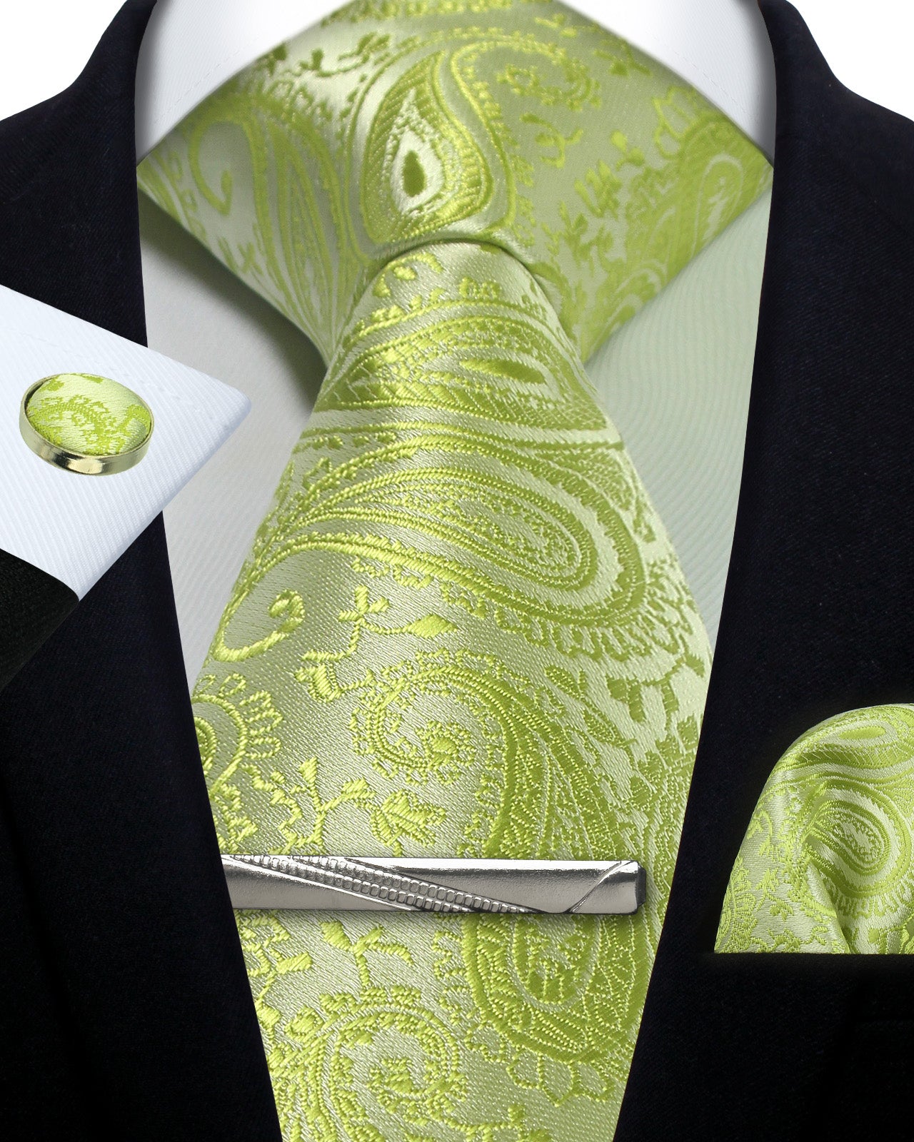 CWKOON Paisley Light Green Mens Tie Formal Necktie Pocket Squares Ties Clips Cufflinks Classic for Men Gift Box Set