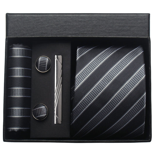 CWKOON Striped Black Grey Mens Tie Formal Necktie Pocket Squares Ties Clips Cufflinks Classic for Men Gift Box Set