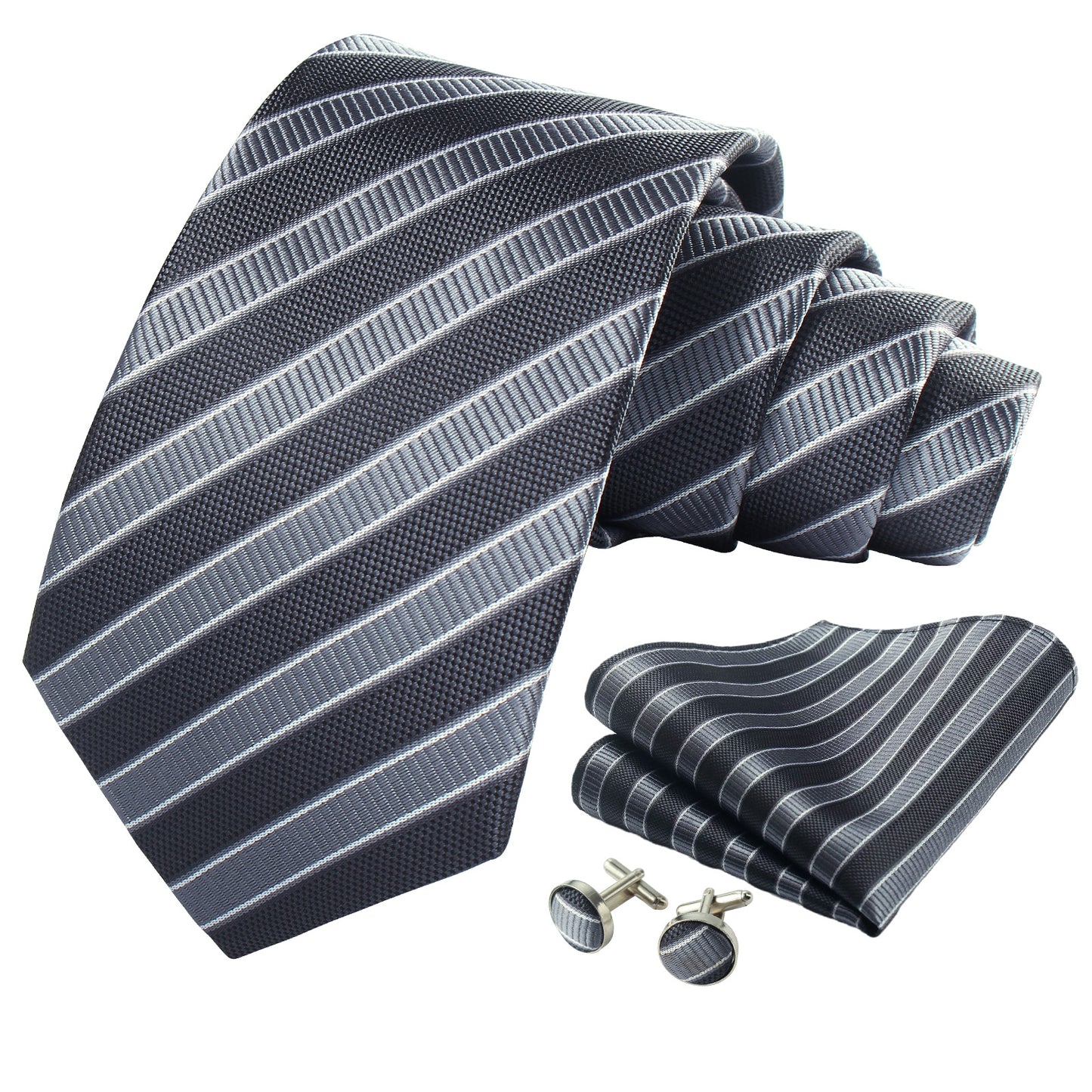 CWKOON Striped Black Grey Mens Tie Formal Necktie Pocket Squares Ties Clips Cufflinks Classic for Men Gift Box Set