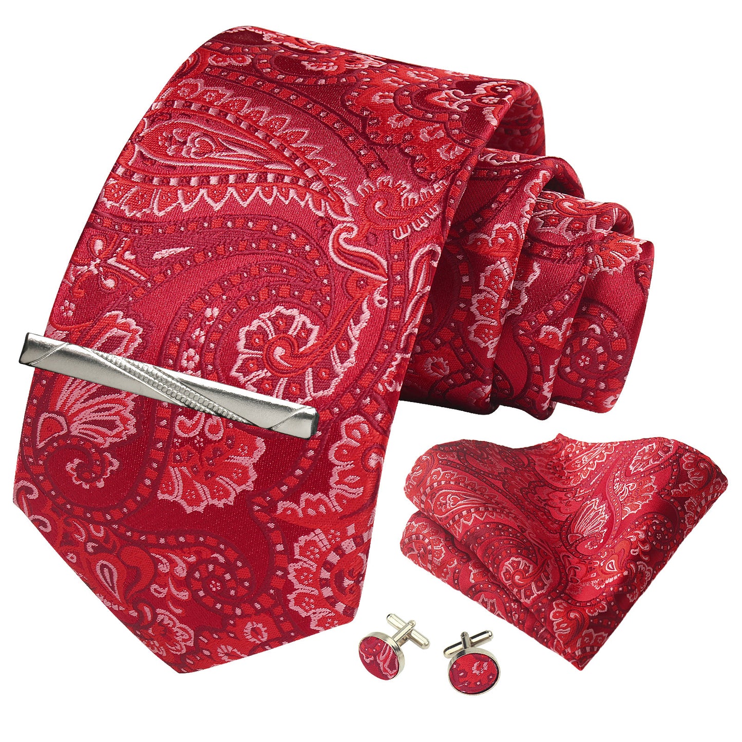 CWKOON Paisley Red Burgundy Mens Tie Formal Necktie Pocket Squares Ties Clips Cufflinks Classic for Men Gift Box Set