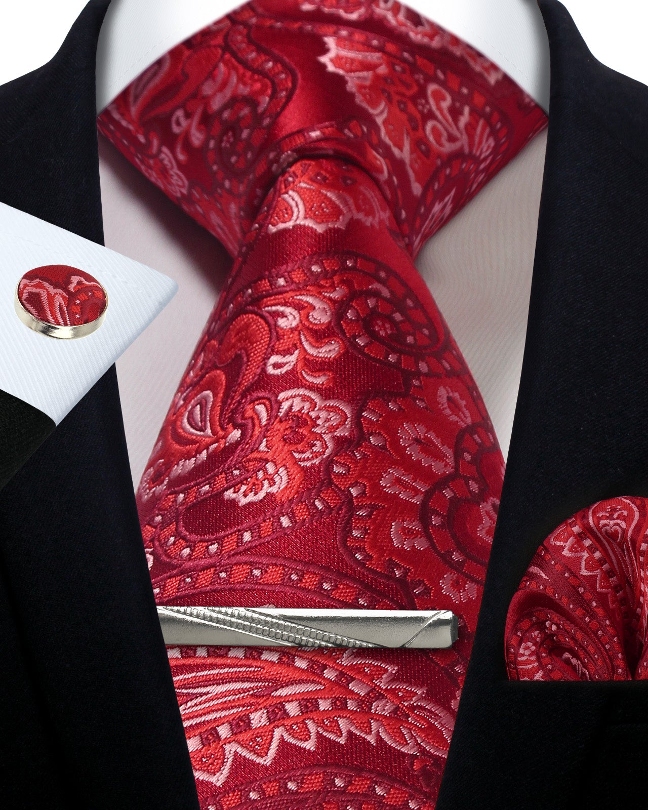 CWKOON Paisley Red Burgundy Mens Tie Formal Necktie Pocket Squares Ties Clips Cufflinks Classic for Men Gift Box Set