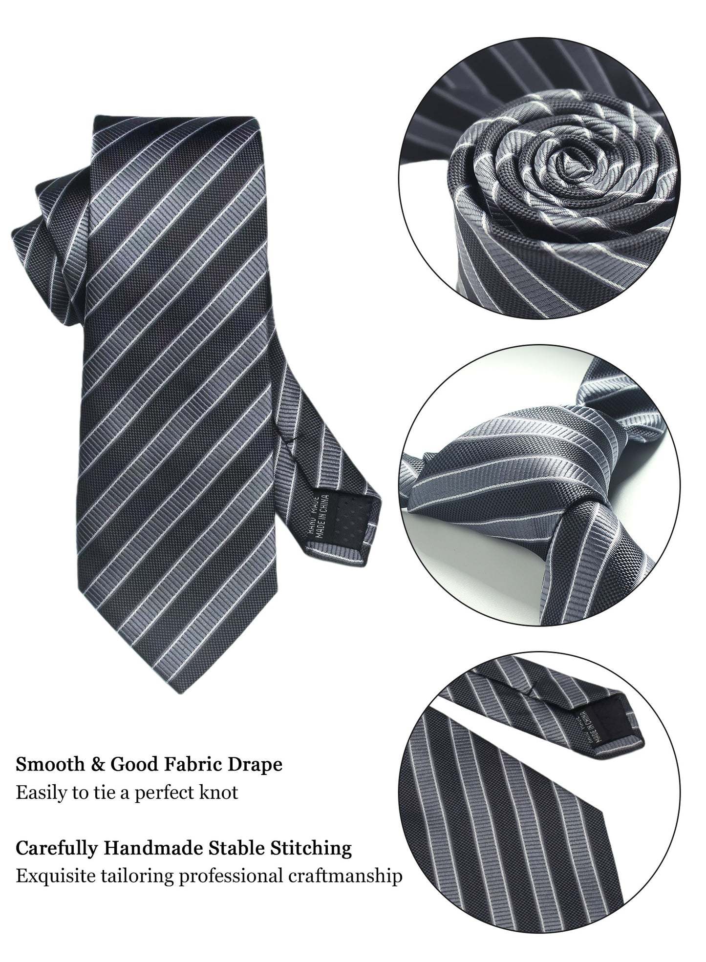 CWKOON Striped Black Grey Mens Tie Formal Necktie Pocket Squares Ties Clips Cufflinks Classic for Men Gift Box Set