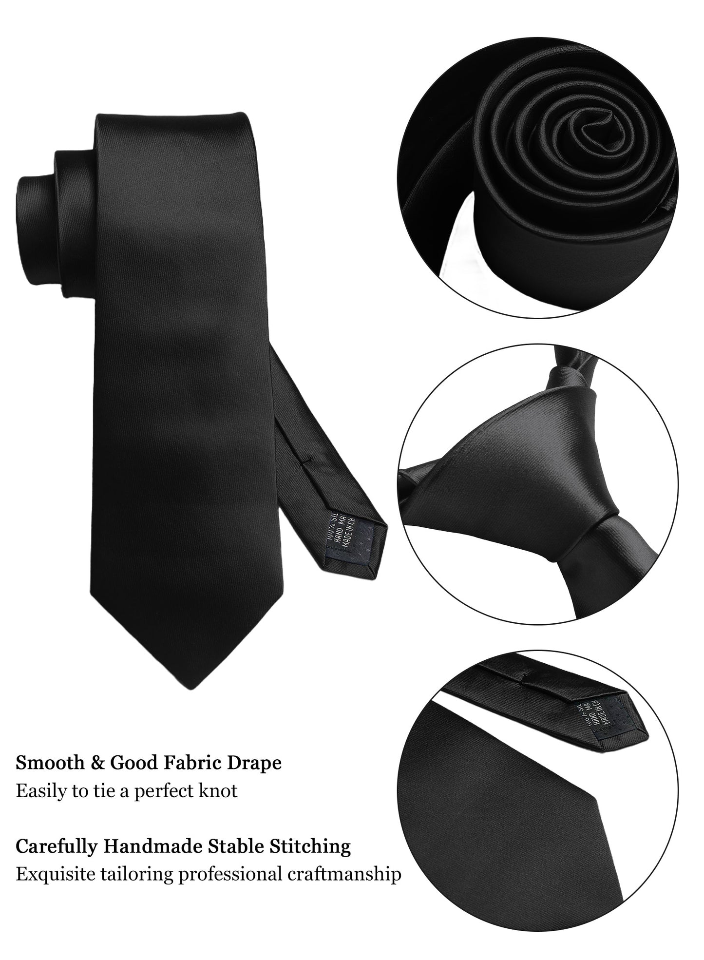 CWKOON Solid Color Black Mens Tie Formal Necktie Pocket Squares Ties Clips Cufflinks Classic for Men Gift Box Set