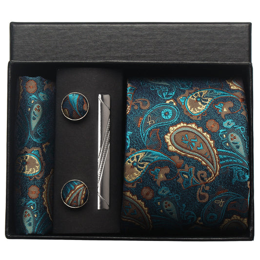 CWKOON Paisley Aqua Yellow Mens Tie Formal Necktie Pocket Squares Ties Clips Cufflinks Classic for Men Gift Box Set