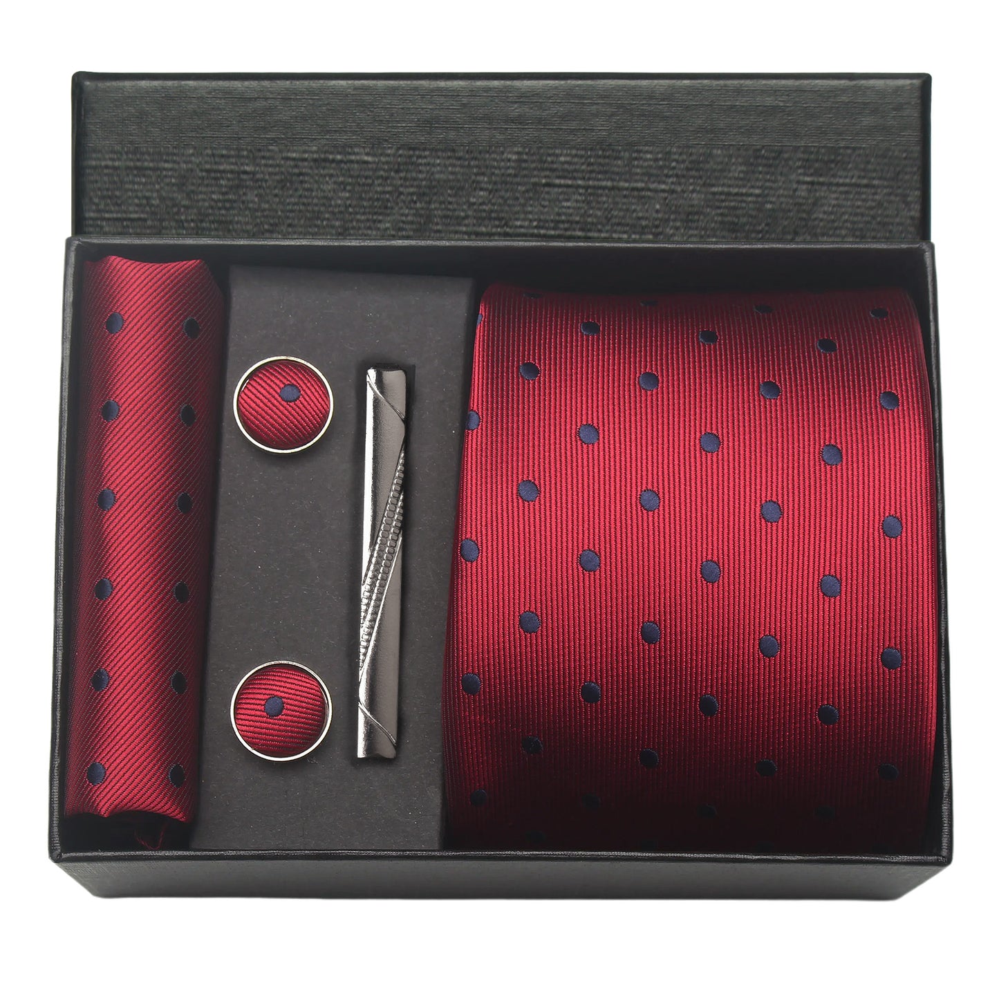 CWKOON Polka Dot Red Blue Mens Tie Formal Necktie Pocket Squares Ties Clips Cufflinks Classic for Men Gift Box Set