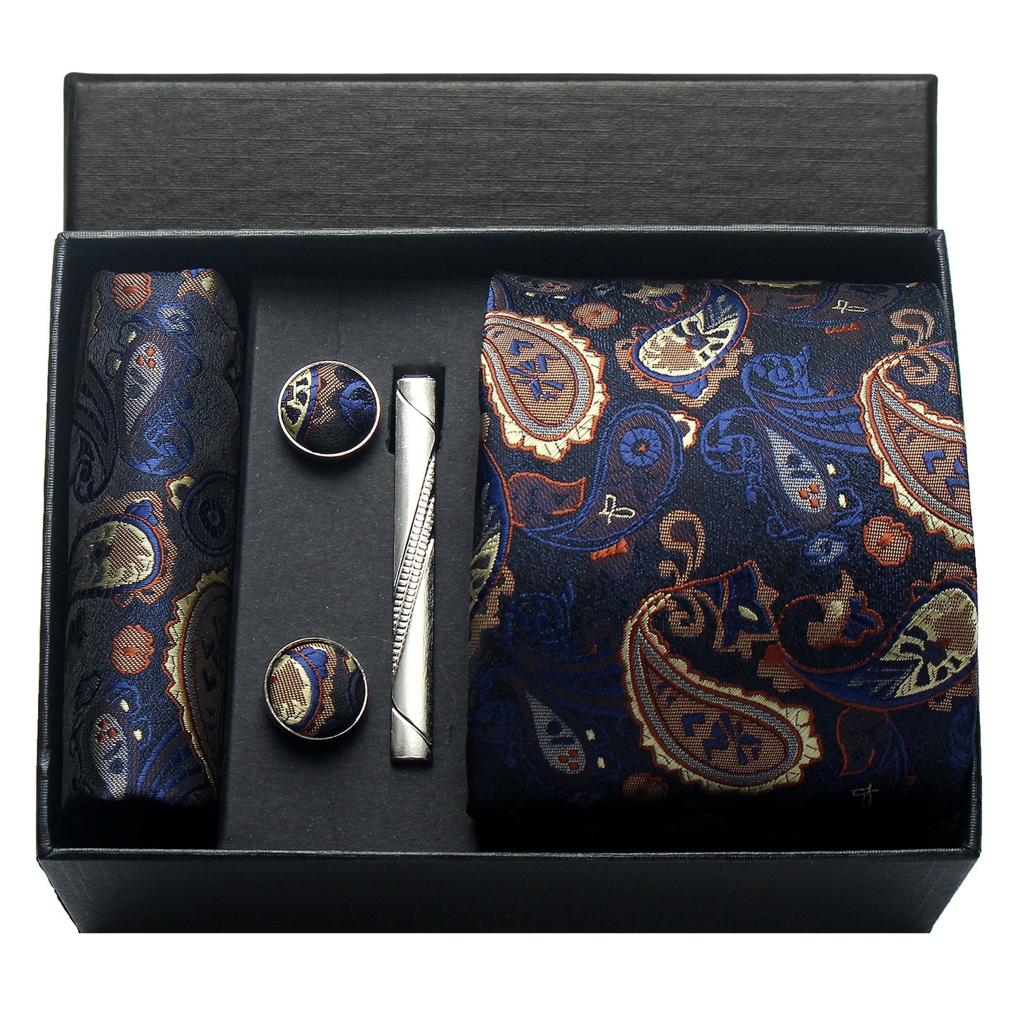 CWKOON Paisley Gold Blue Mens Tie Formal Necktie Pocket Squares Ties Clips Cufflinks Classic for Men Gift Box Set