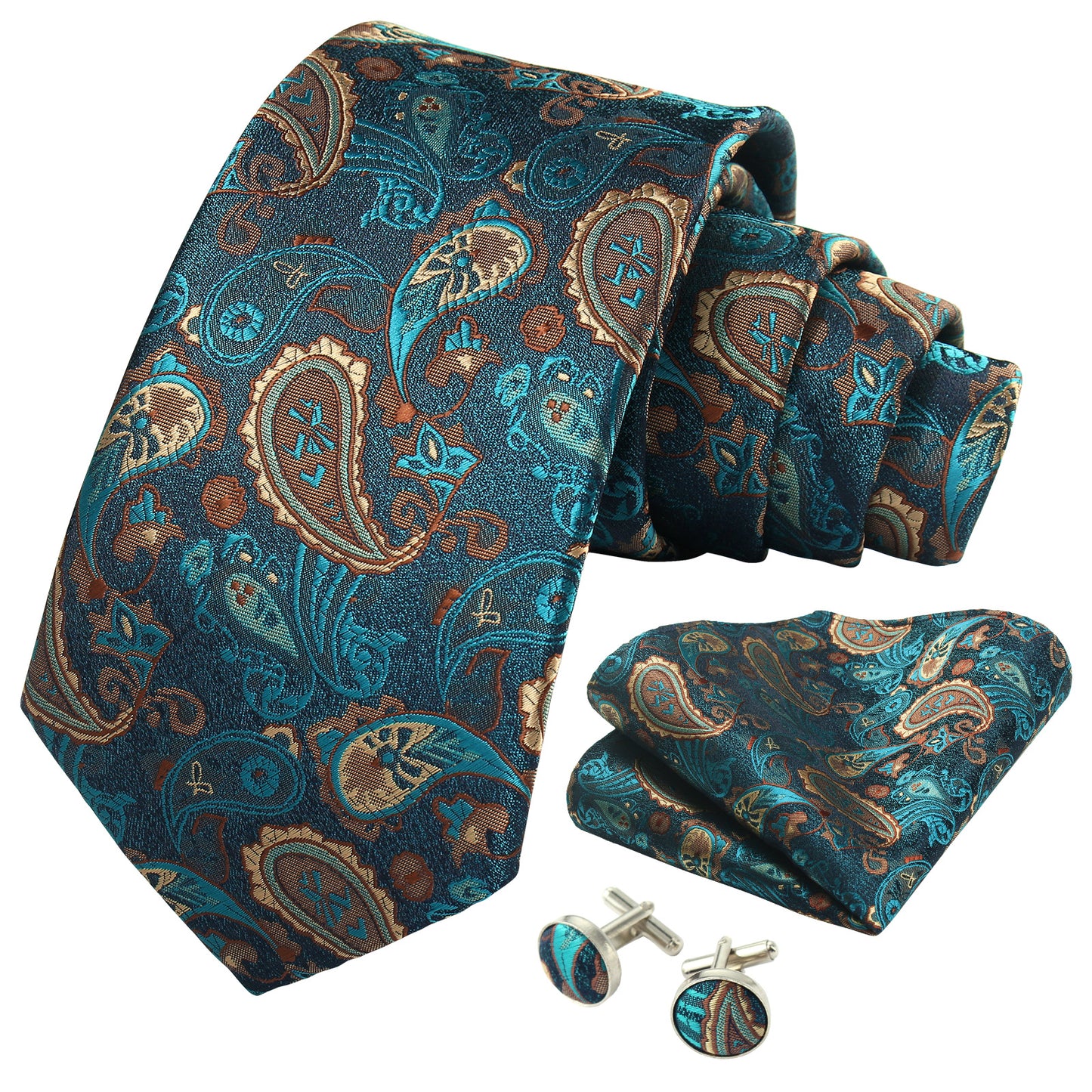 CWKOON Paisley Aqua Yellow Mens Tie Formal Necktie Pocket Squares Ties Clips Cufflinks Classic for Men Gift Box Set