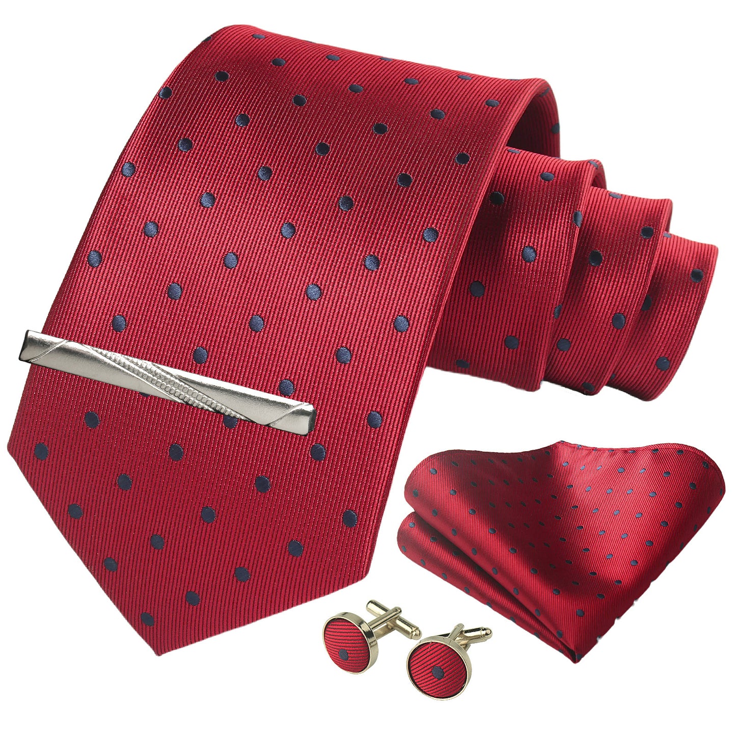 CWKOON Polka Dot Red Blue Mens Tie Formal Necktie Pocket Squares Ties Clips Cufflinks Classic for Men Gift Box Set