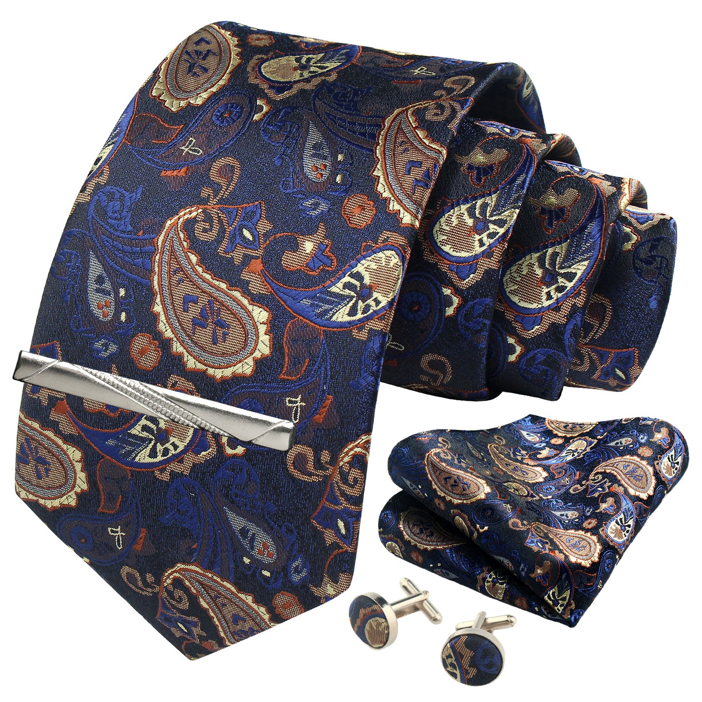 CWKOON Paisley Gold Blue Mens Tie Formal Necktie Pocket Squares Ties Clips Cufflinks Classic for Men Gift Box Set