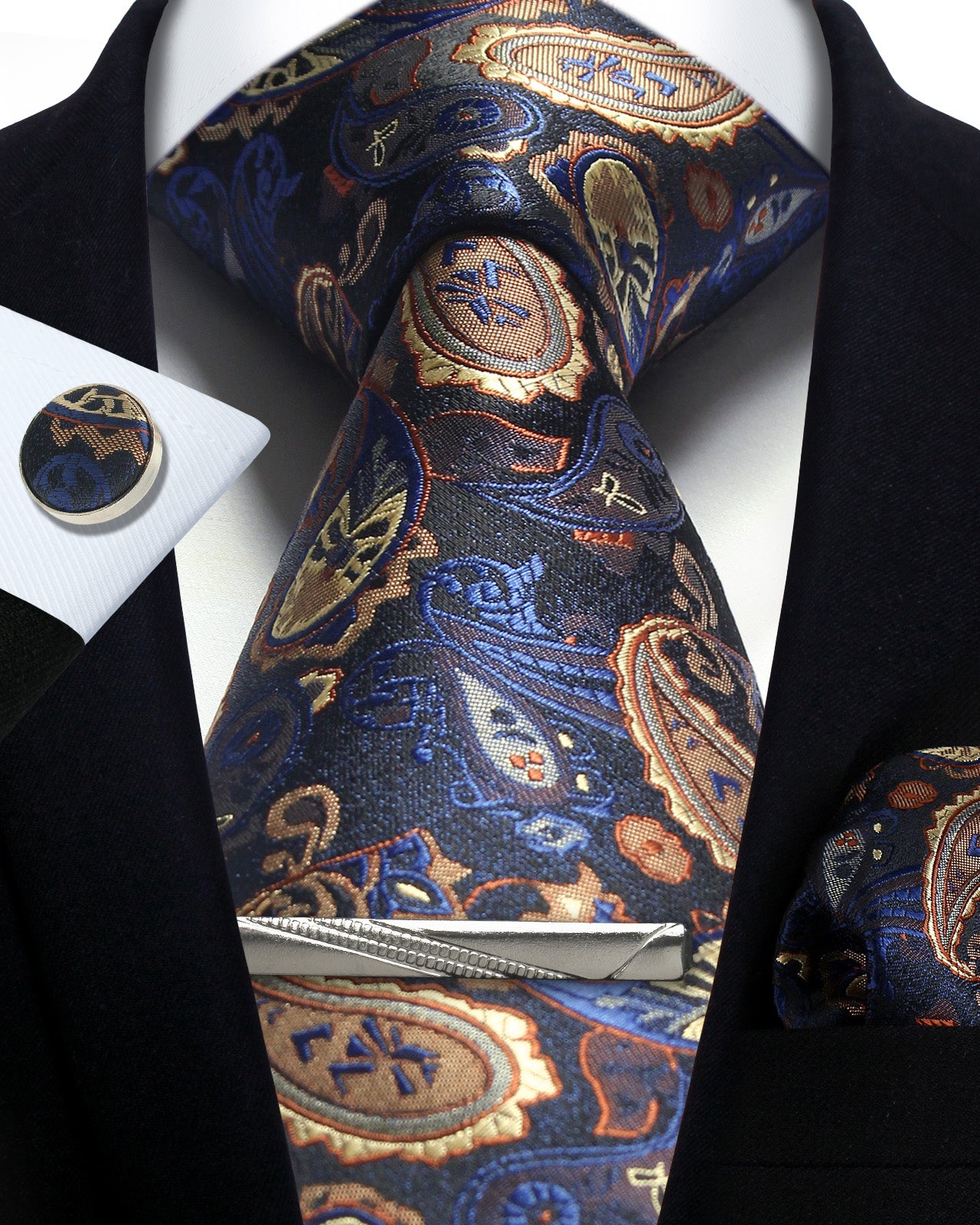 CWKOON Paisley Gold Blue Mens Tie Formal Necktie Pocket Squares Ties Clips Cufflinks Classic for Men Gift Box Set