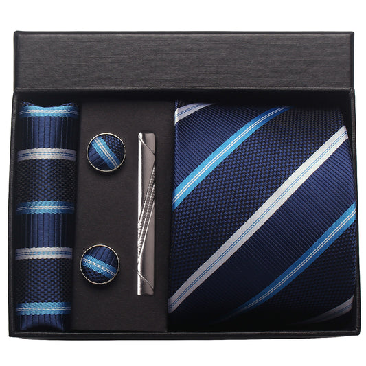 CWKOON Striped Navy Blue White Mens Tie Formal Necktie Pocket Squares Ties Clips Cufflinks Classic for Men Gift Box Set