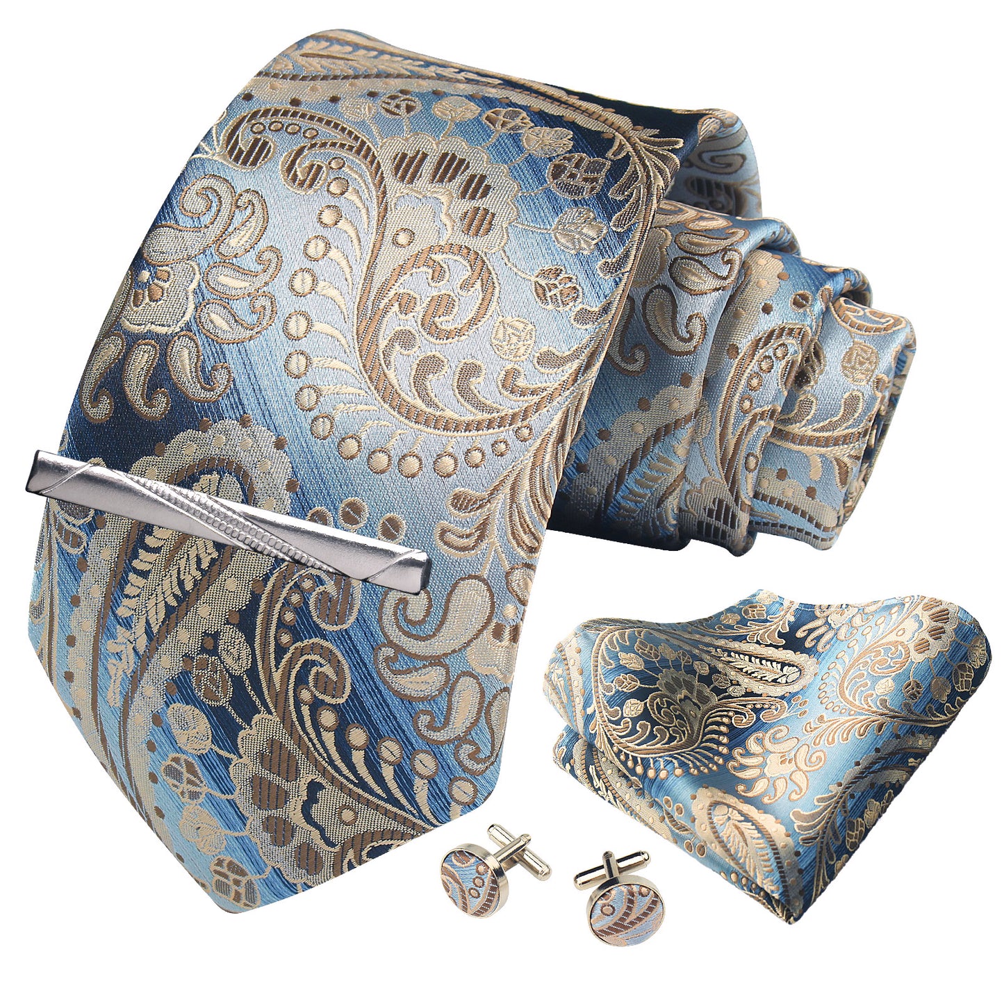 CWKOON Paisley Beige Blue Mens Tie Formal Necktie Pocket Squares Ties Clips Cufflinks Classic for Men Gift Box Set