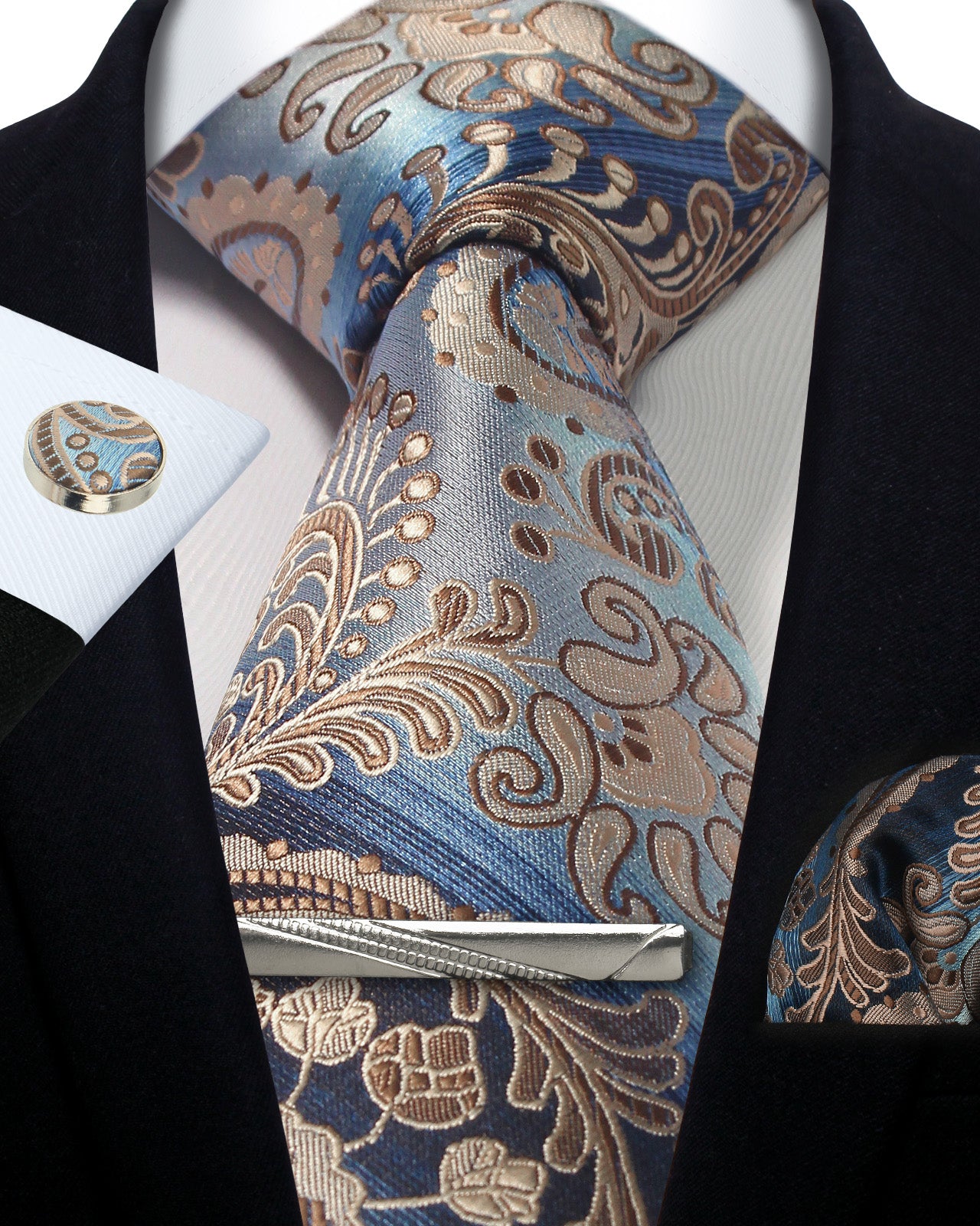 CWKOON Paisley Beige Blue Mens Tie Formal Necktie Pocket Squares Ties Clips Cufflinks Classic for Men Gift Box Set