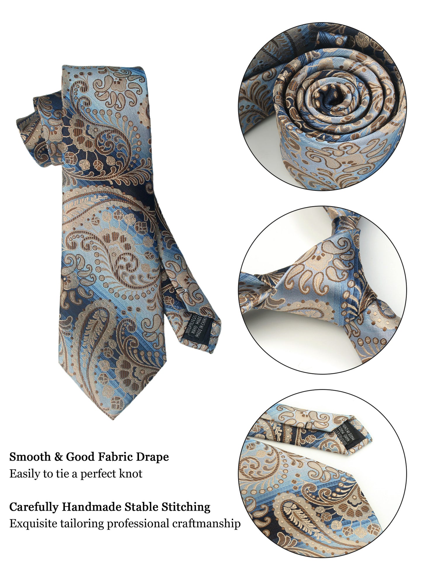 CWKOON Paisley Beige Blue Mens Tie Formal Necktie Pocket Squares Ties Clips Cufflinks Classic for Men Gift Box Set