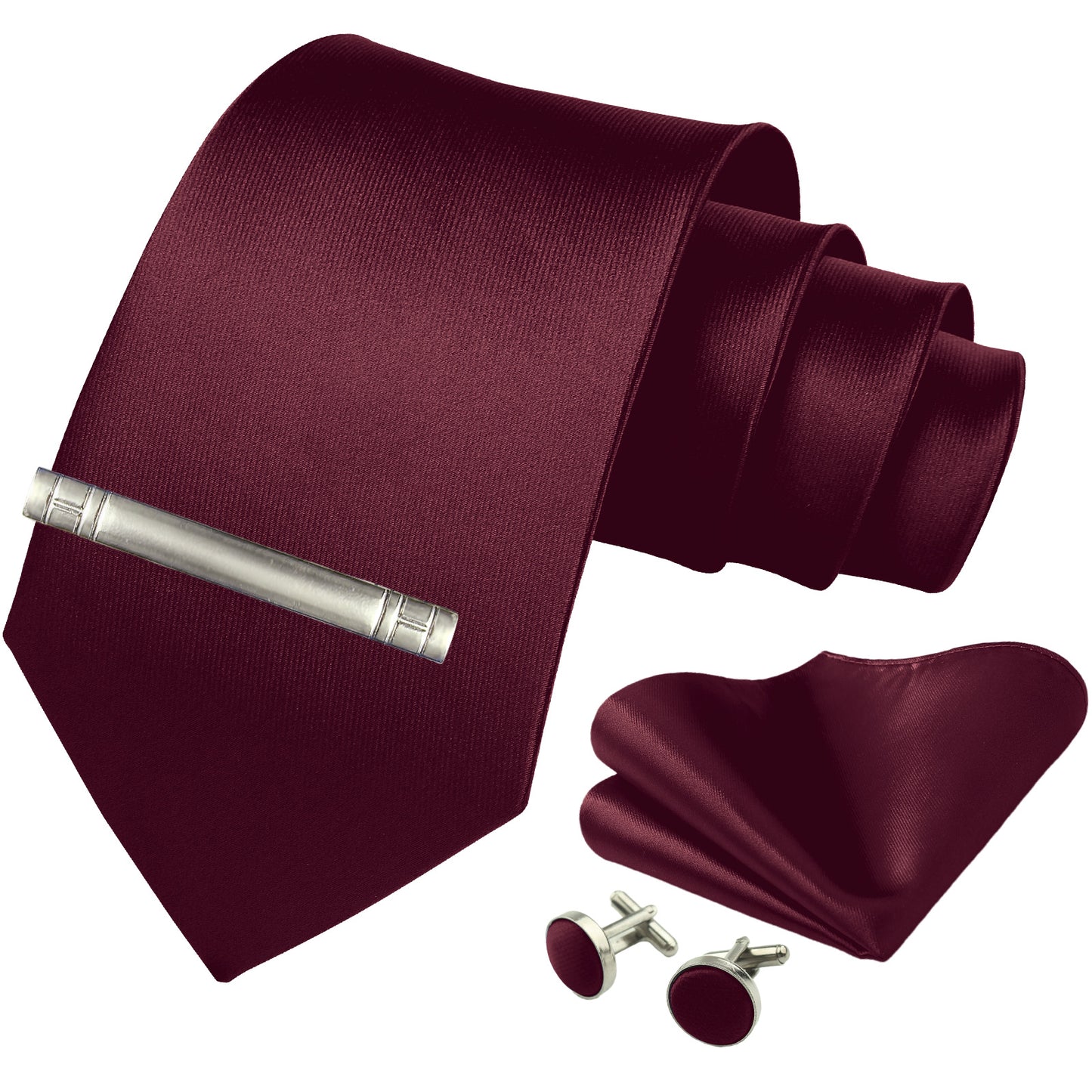 CWKOON Solid Color Burgundy Mens Tie Formal Necktie Pocket Squares Ties Clips Cufflinks Classic for Men Gift Box Set