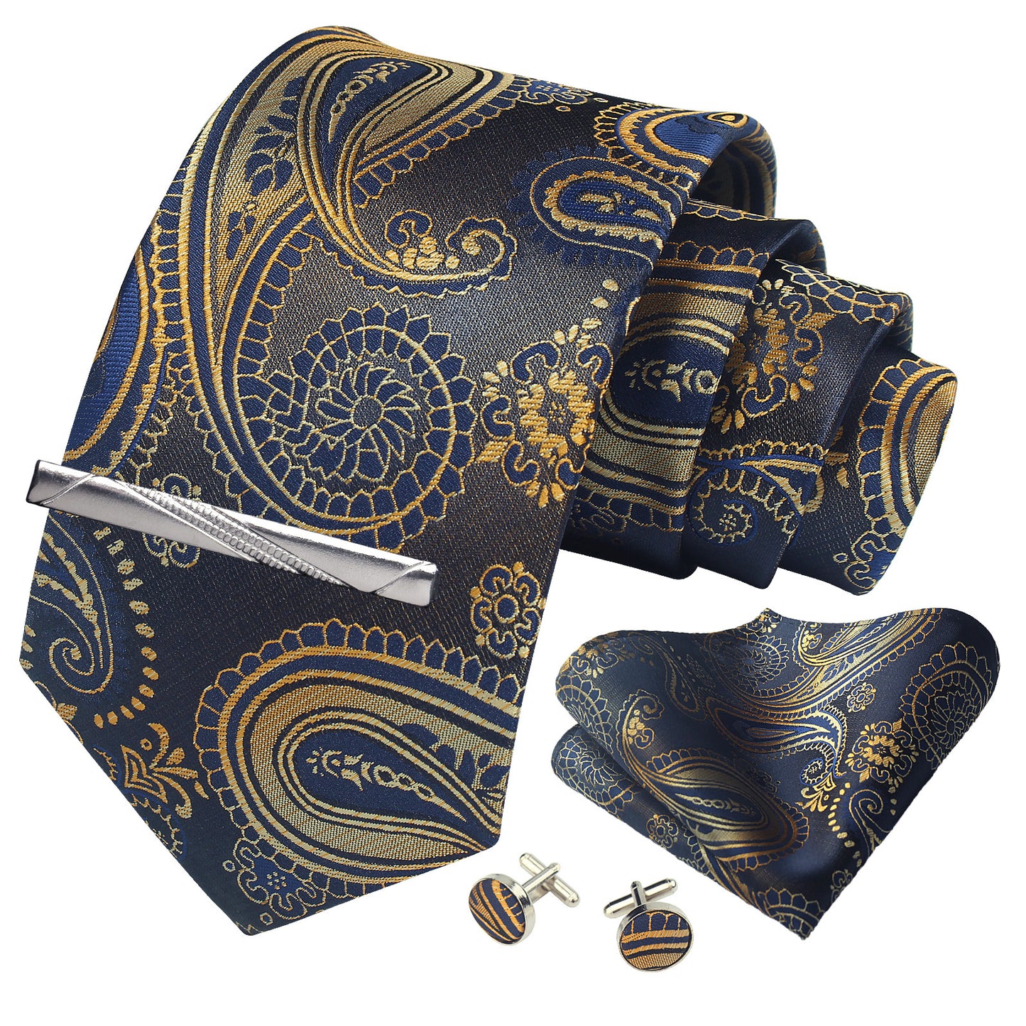 CWKOON Paisley Black Gold Mens Tie Formal Necktie Pocket Squares Ties Clips Cufflinks Classic for Men Gift Box Set