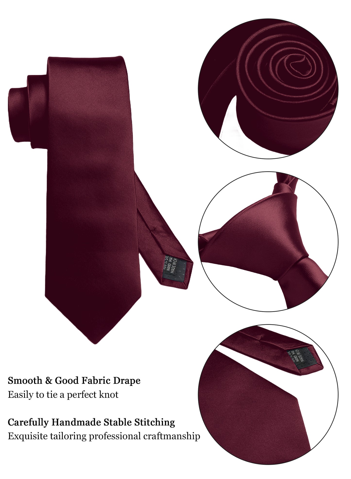 CWKOON Solid Color Burgundy Mens Tie Formal Necktie Pocket Squares Ties Clips Cufflinks Classic for Men Gift Box Set