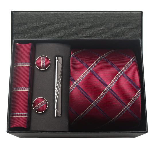 CWKOON Plaid Red White Mens Tie Formal Necktie Pocket Squares Ties Clips Cufflinks Classic for Men Gift Box Set