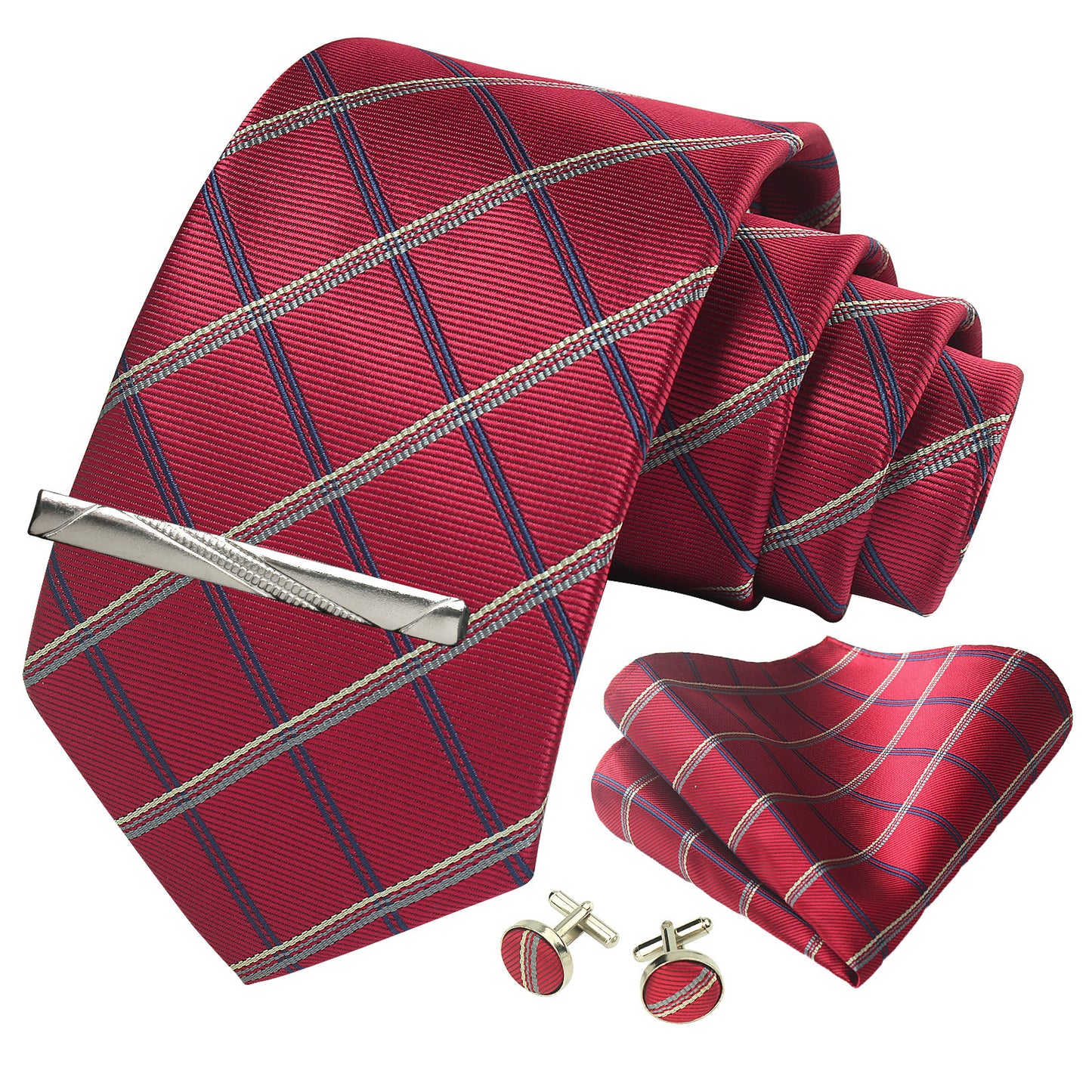 CWKOON Plaid Red White Mens Tie Formal Necktie Pocket Squares Ties Clips Cufflinks Classic for Men Gift Box Set