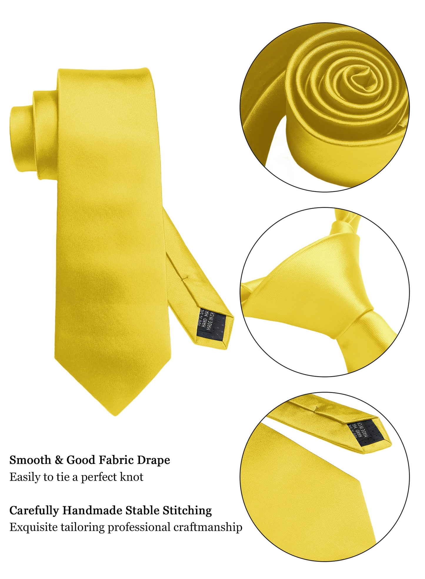 CWKOON Solid Color Yellow Mens Tie Formal Necktie Pocket Squares Ties Clips Cufflinks Classic for Men Gift Box Set