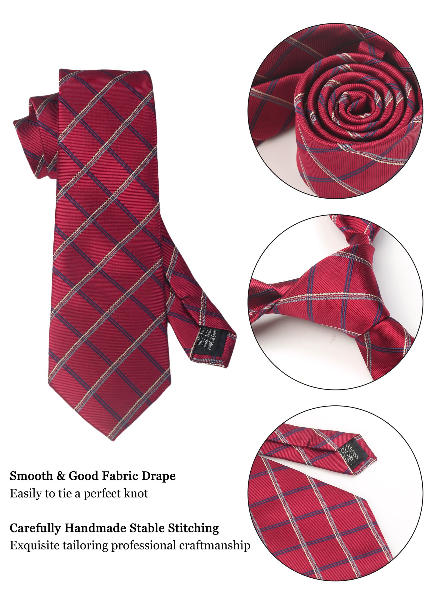 CWKOON Plaid Red White Mens Tie Formal Necktie Pocket Squares Ties Clips Cufflinks Classic for Men Gift Box Set