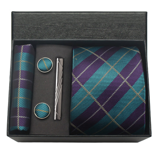 CWKOON Plaid Aqua Purple Mens Tie Formal Necktie Pocket Squares Ties Clips Cufflinks Classic for Men Gift Box Set