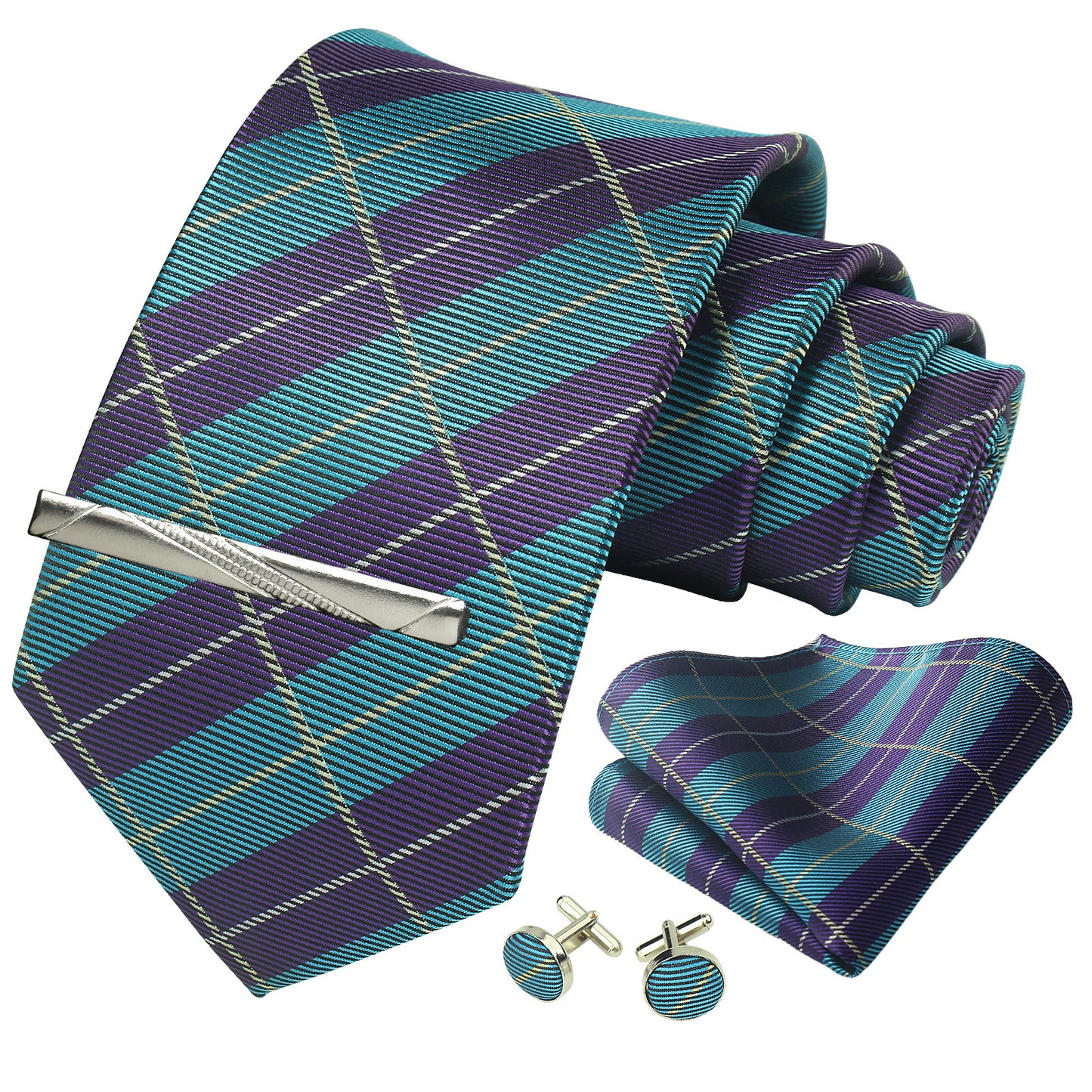 CWKOON Plaid Aqua Purple Mens Tie Formal Necktie Pocket Squares Ties Clips Cufflinks Classic for Men Gift Box Set