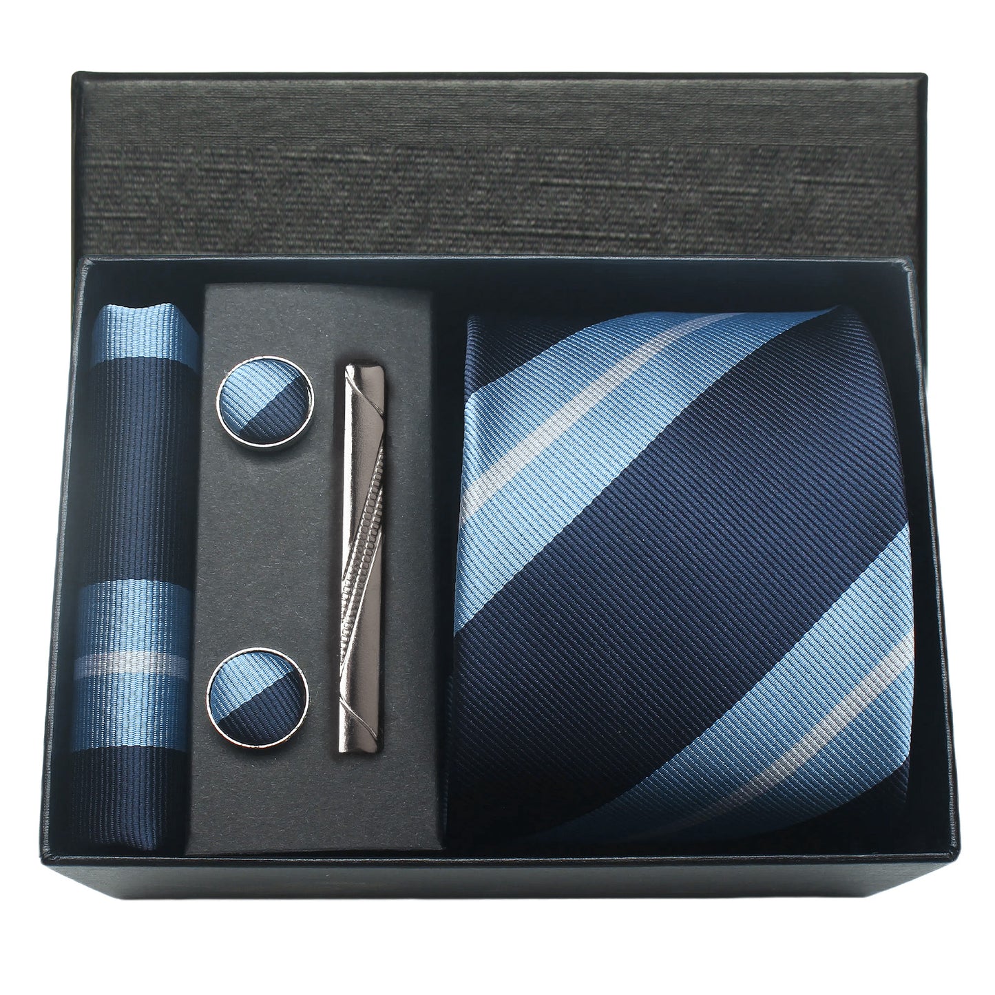 CWKOON Striped Blue Navy Blue Mens Tie Formal Necktie Pocket Squares Ties Clips Cufflinks Classic for Men Gift Box Set