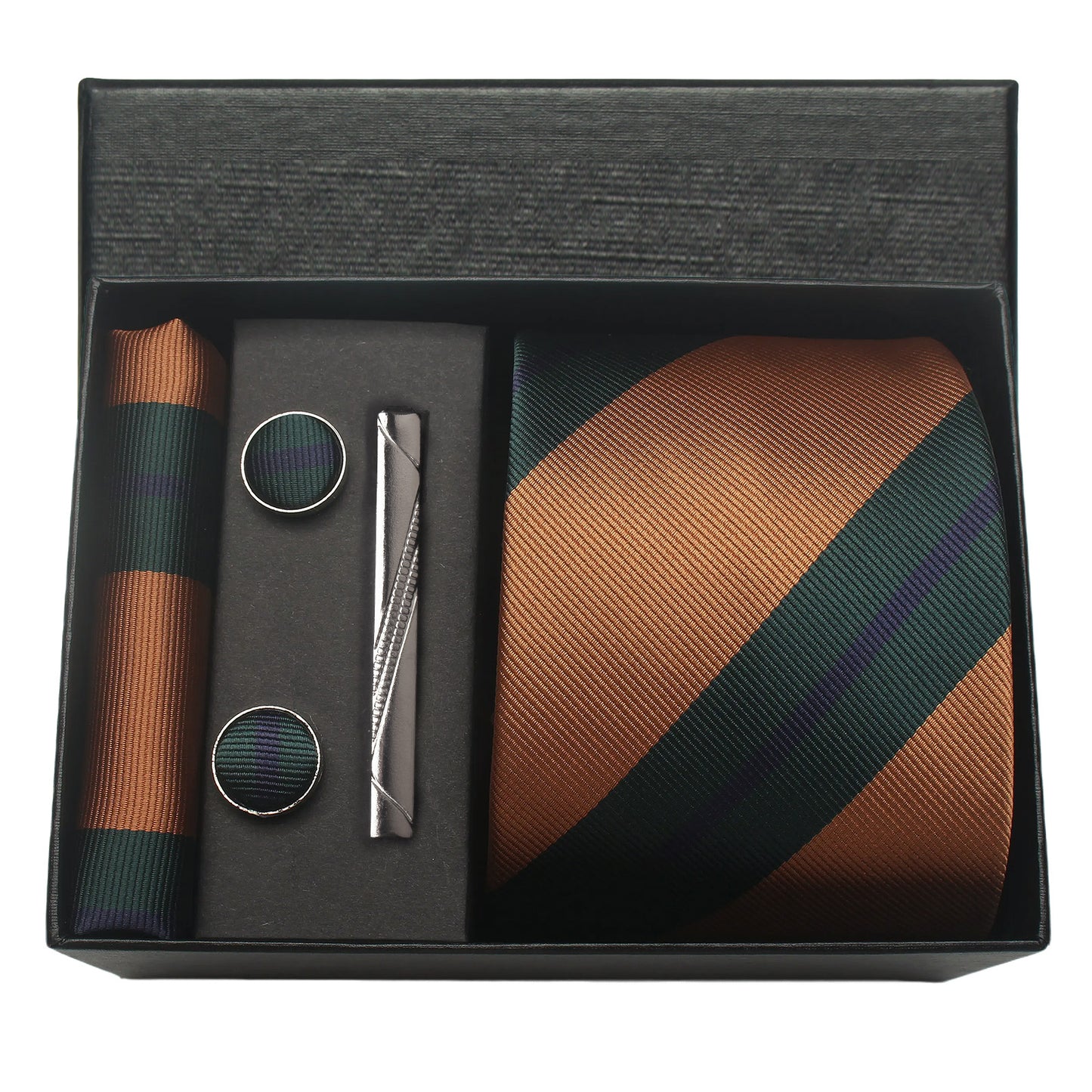 CWKOON Striped Green Brown Mens Tie Formal Necktie Pocket Squares Ties Clips Cufflinks Classic for Men Gift Box Set