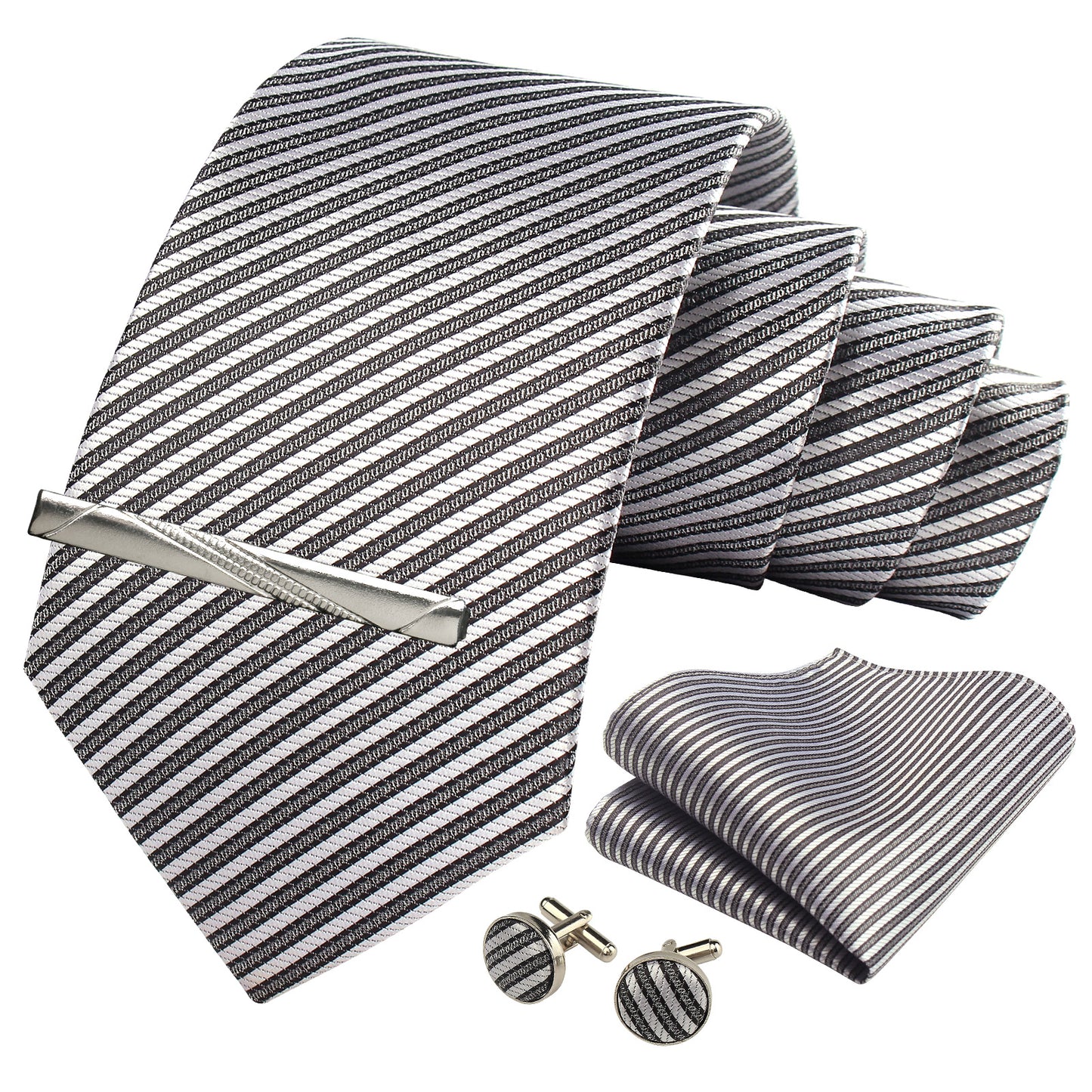 CWKOON Striped White Grey Mens Tie Formal Necktie Pocket Squares Ties Clips Cufflinks Classic for Men Gift Box Set