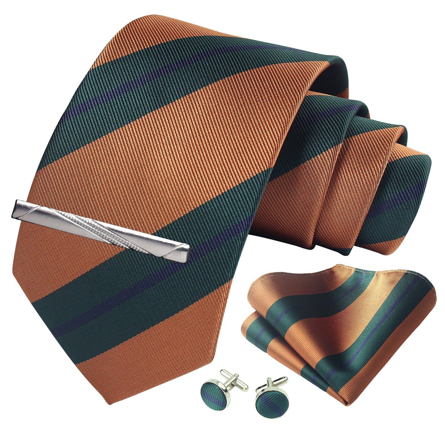 CWKOON Striped Green Brown Mens Tie Formal Necktie Pocket Squares Ties Clips Cufflinks Classic for Men Gift Box Set